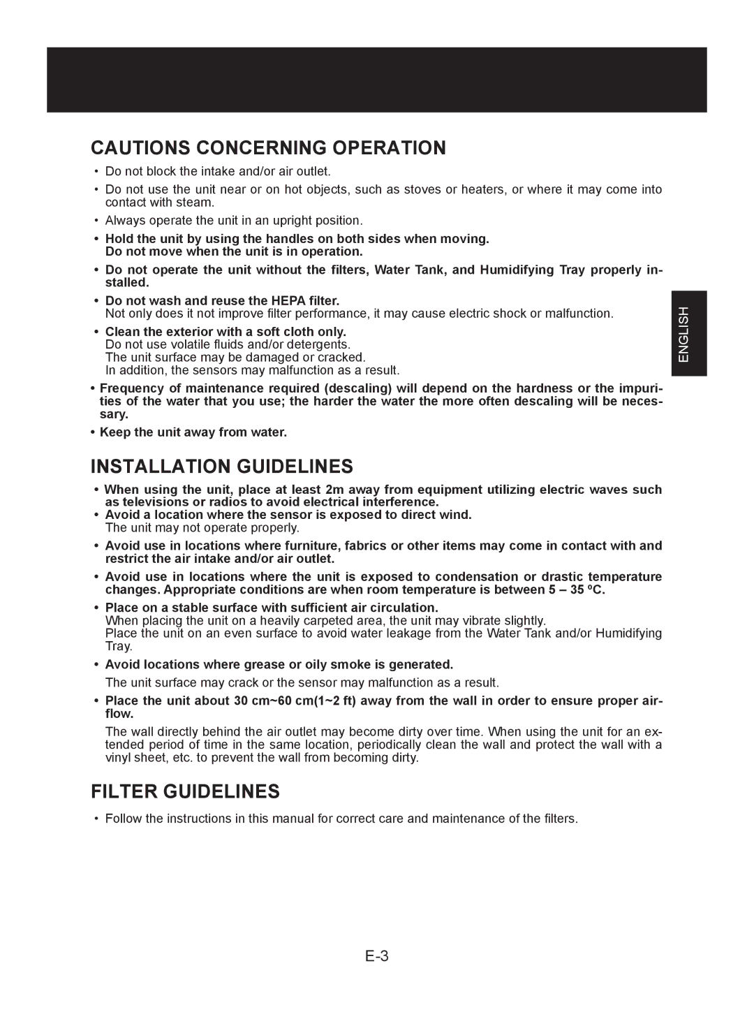 Sharp KC-850E, KC-840E Installation Guidelines, Filter Guidelines, Addition, the sensors may malfunction as a result 