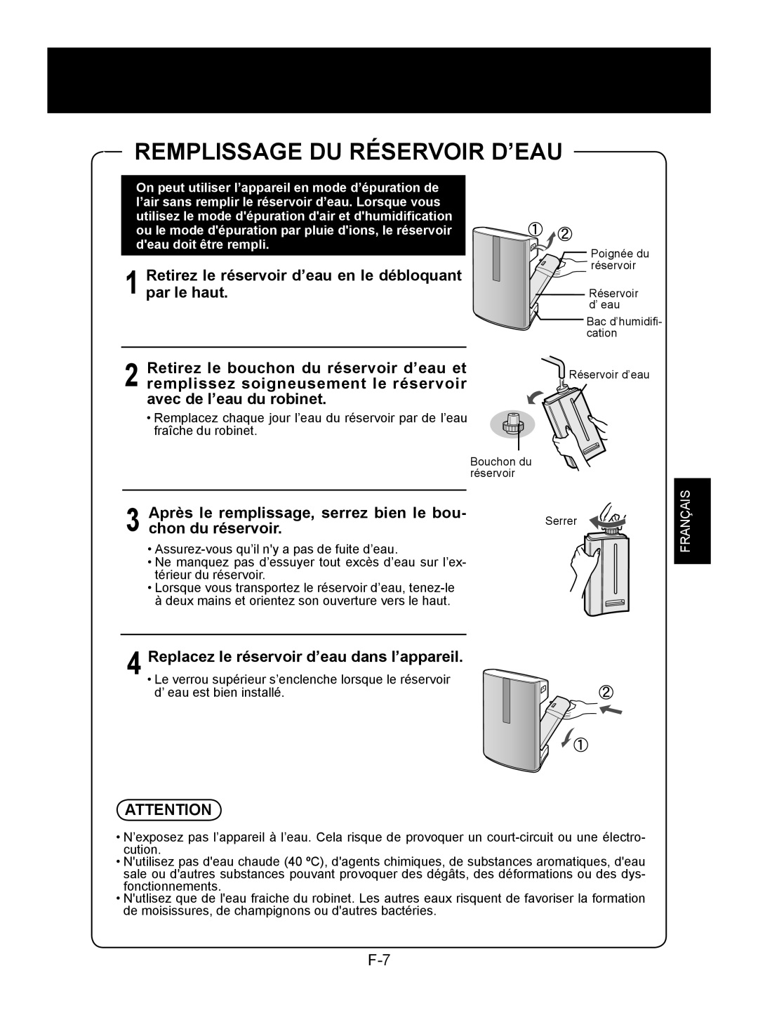 Sharp KC-850E, KC-840E, KC-860E operation manual Remplissage DU Réservoir D’EAU 