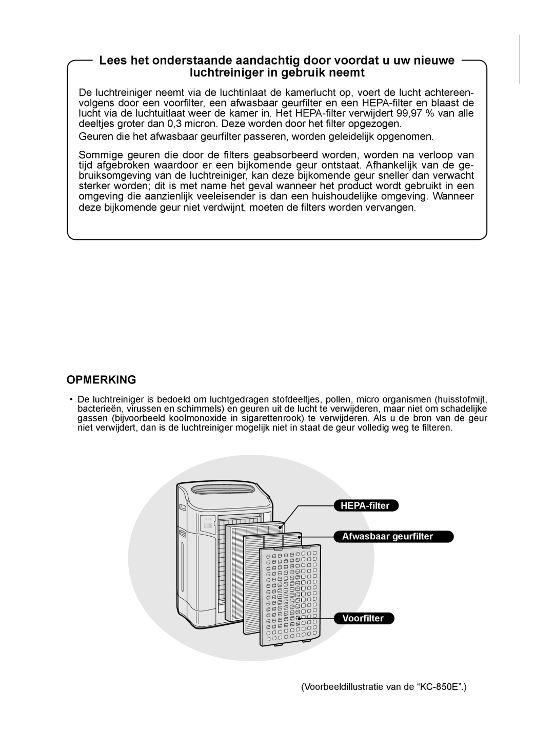 Sharp KC-840E, KC-860E operation manual Opmerking, Voorbeeldillustratie van de KC-850E 