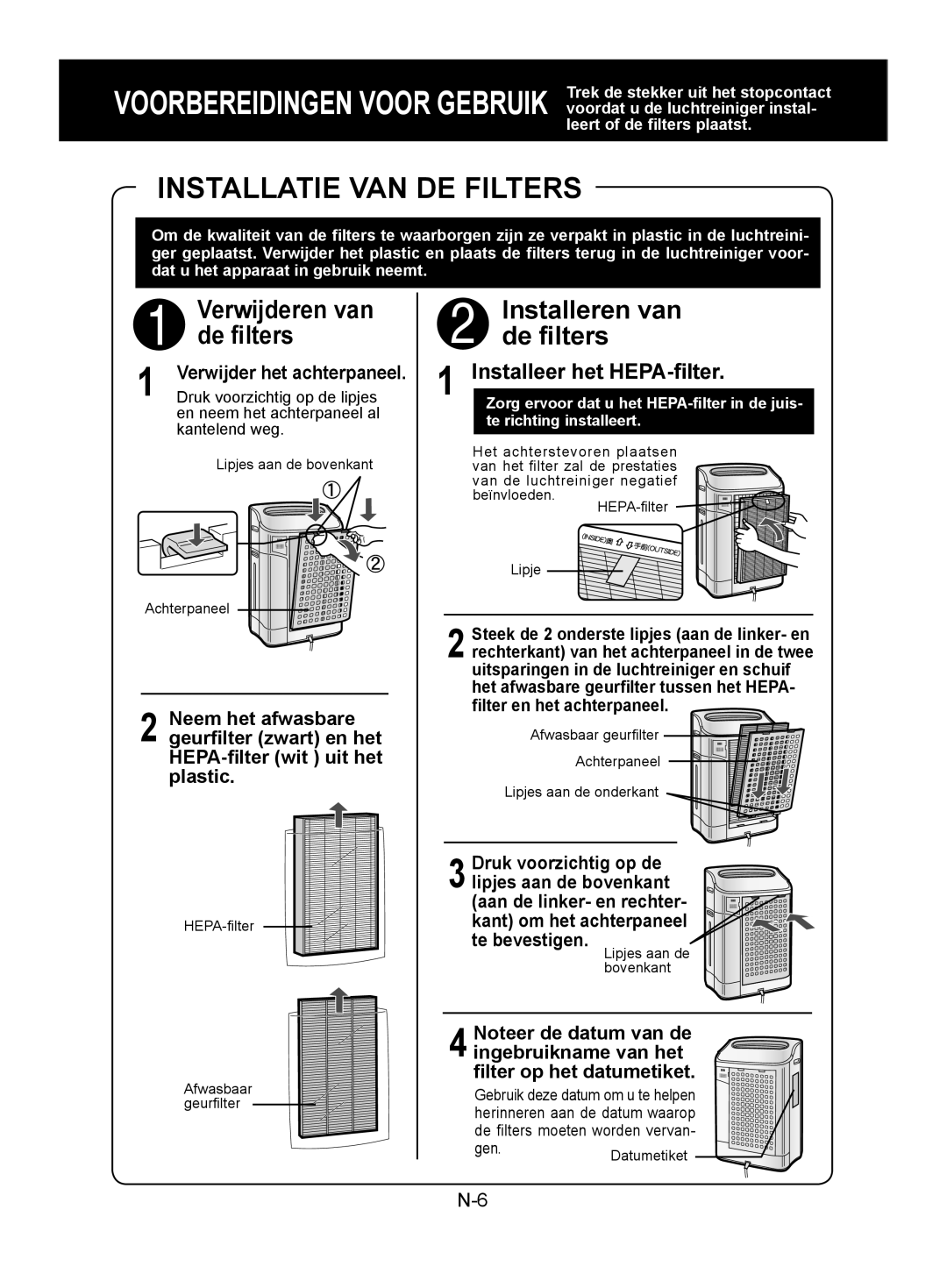 Sharp KC-850E, KC-840E, KC-860E operation manual Installatie VAN DE Filters 