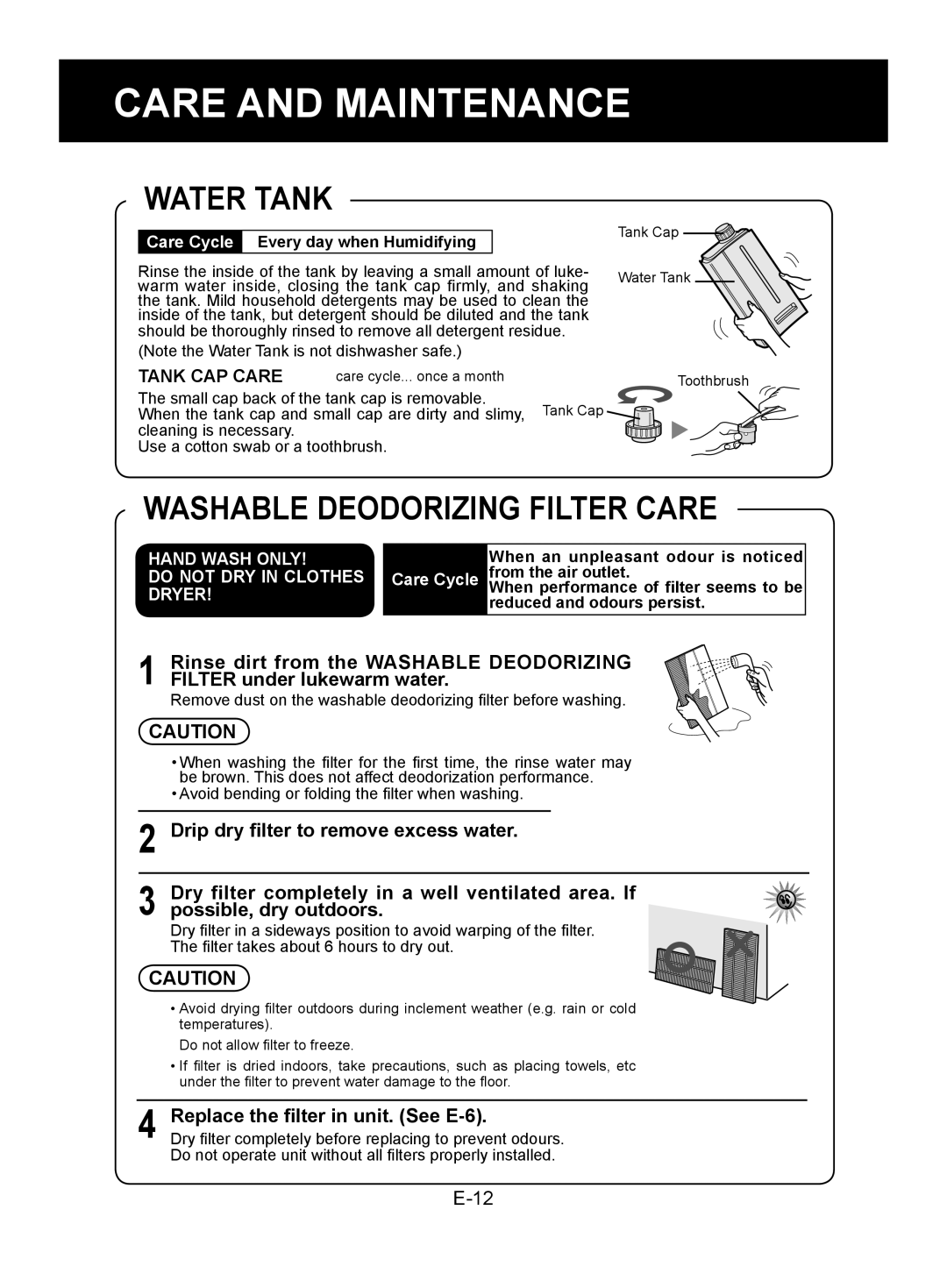 Sharp KC-850E Water Tank, Washable Deodorizing Filter Care, Care And Maintenance, Rinse dirt from the WASHABLE DEODORIZING 