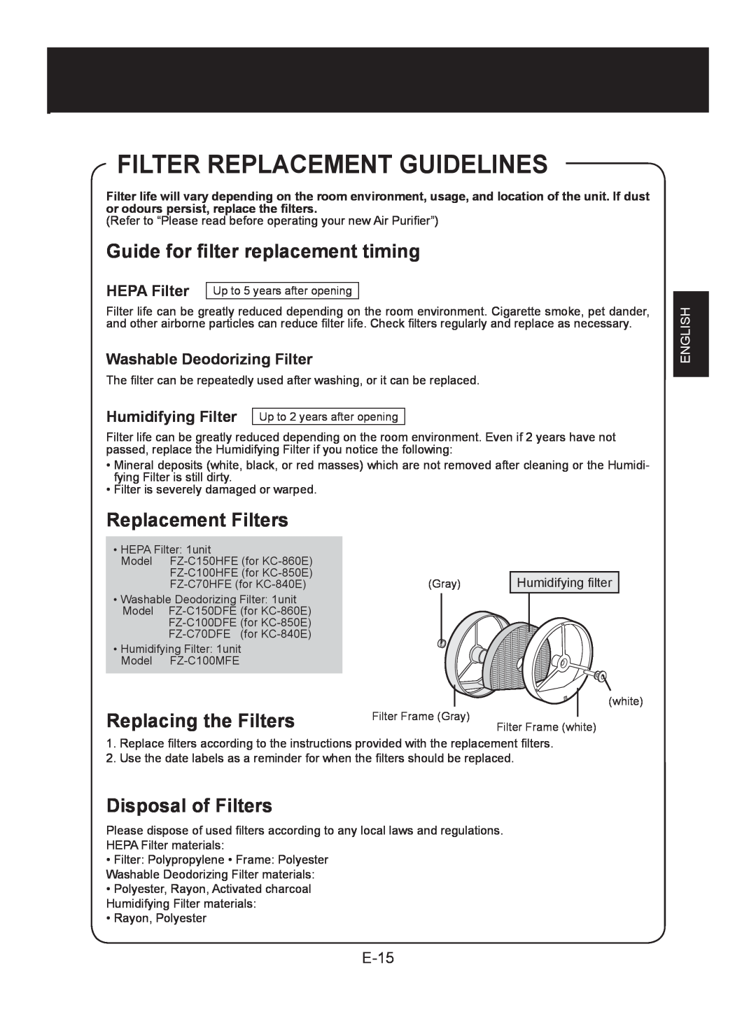 Sharp KC-850E Filter Replacement Guidelines, Guide for filter replacement timing, Replacement Filters, Disposal of Filters 