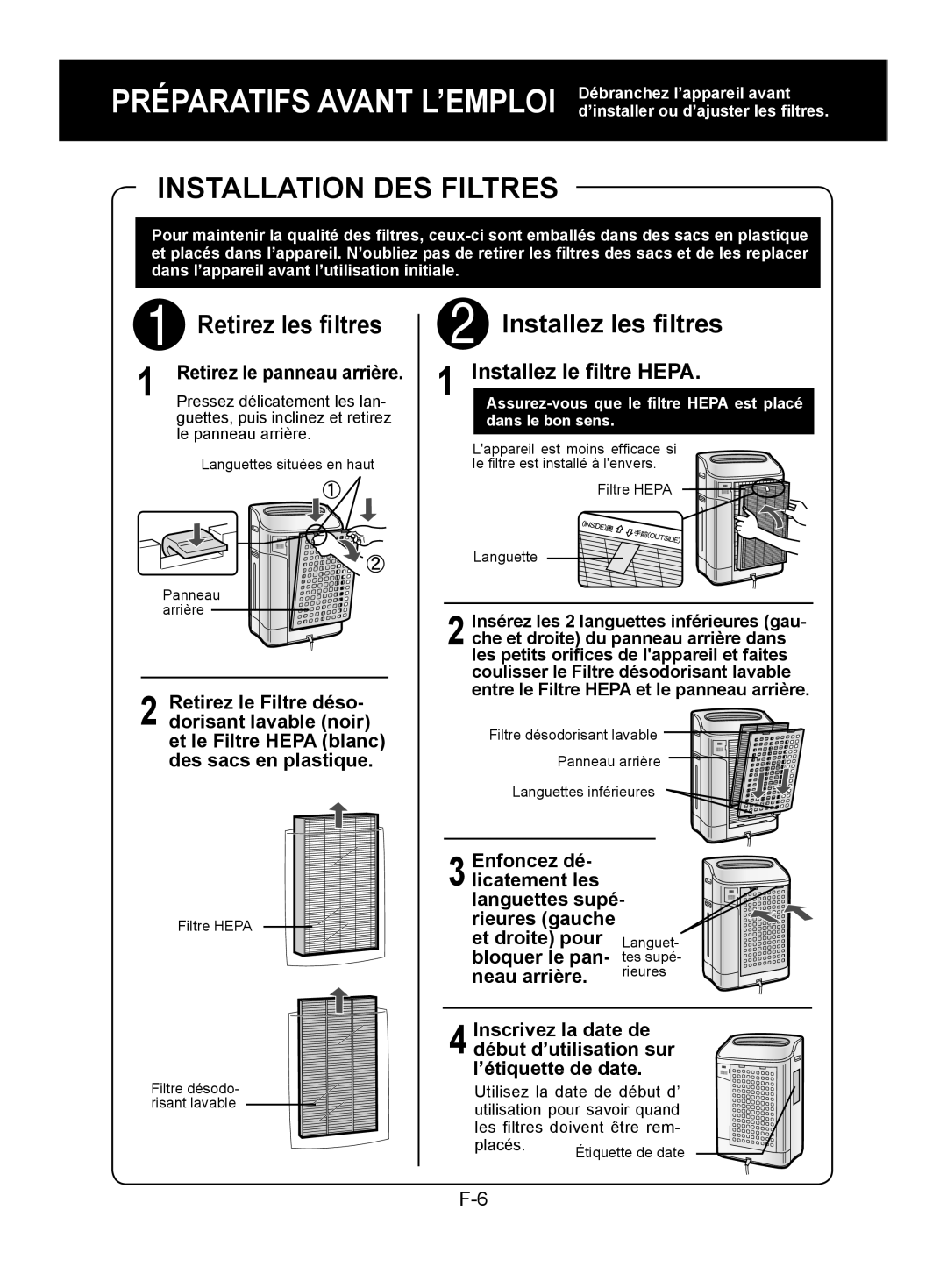 Sharp KC-860E Installation Des Filtres, Retirez les filtres, Installez les filtres, Installez le filtre HEPA, Enfoncez dé 