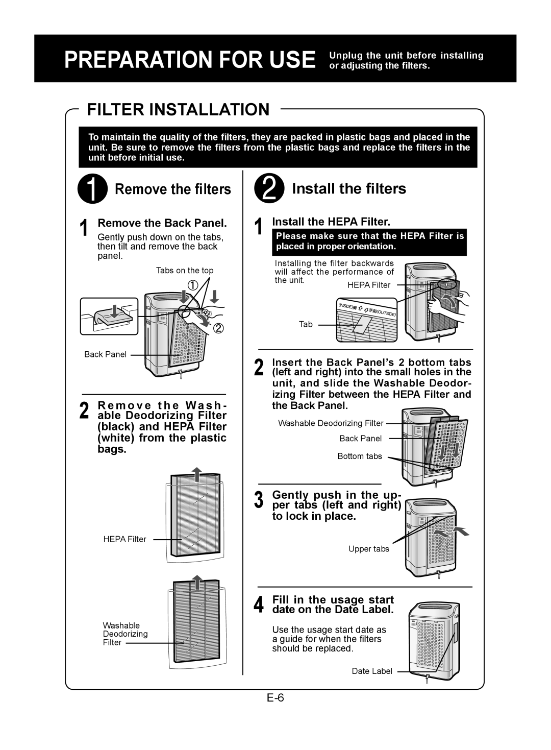 Sharp KC-850E, KC-840E, KC-860E Filter Installation, Remove the filters, Install the filters, white from the plastic bags 