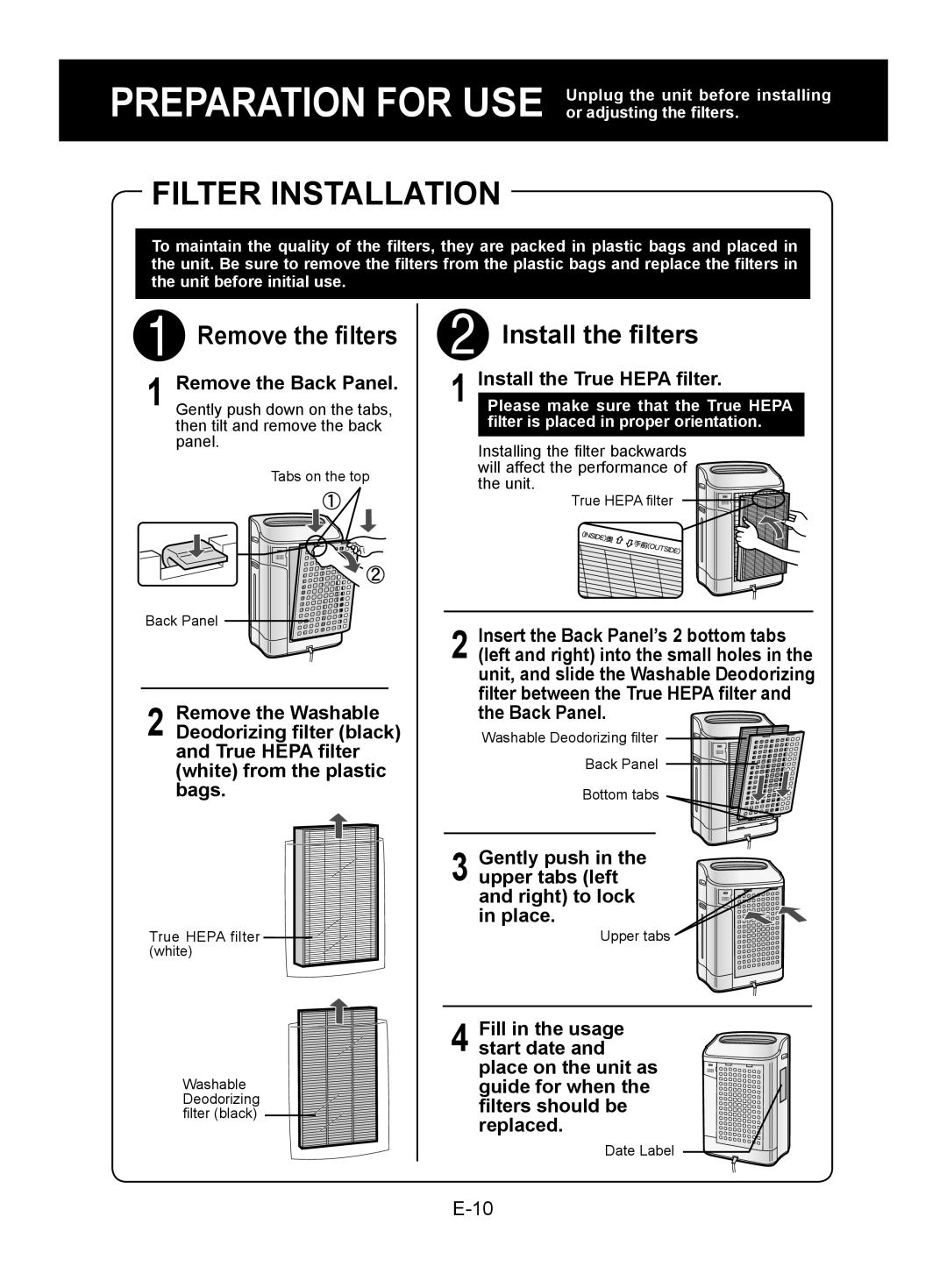 Sharp KC-850U operation manual Filter Installation, Remove the filters, Install the filters, Remove the Back Panel 