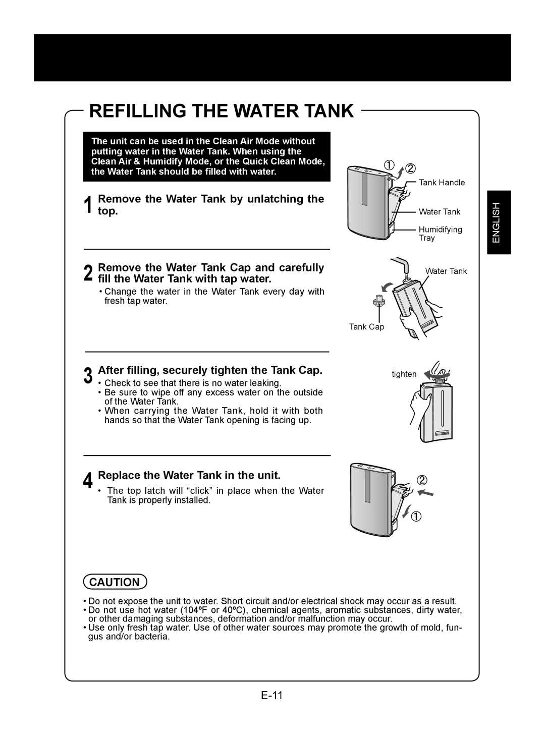Sharp KC-850U Refilling The Water Tank, Removetop. the Water Tank by unlatching the, 4Replace the Water Tank in the unit 