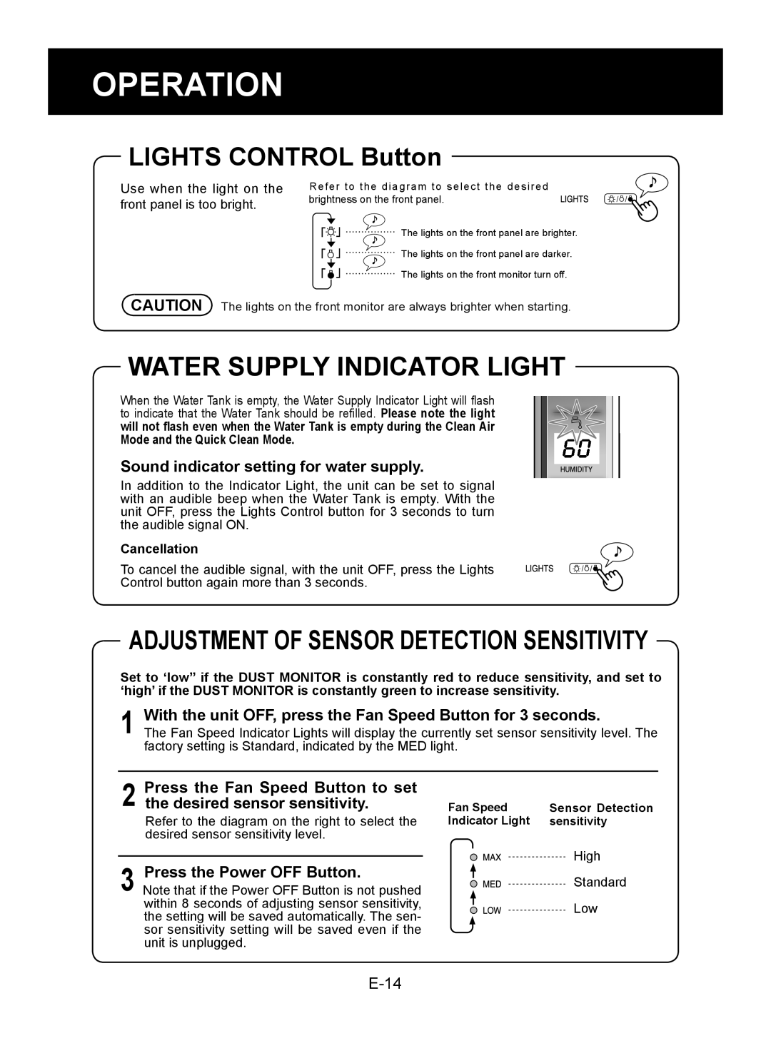 Sharp KC-850U Water Supply Indicator Light, LIGHTS CONTROL Button, Adjustment Of Sensor Detection Sensitivity, E-4 