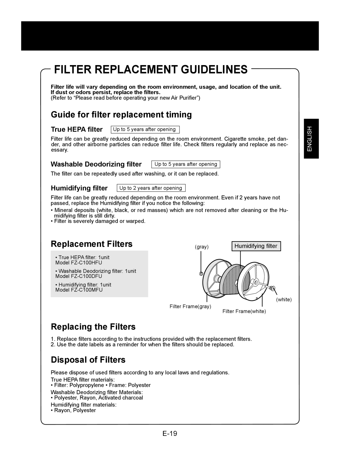 Sharp KC-850U Filter Replacement Guidelines, Guide for filter replacement timing, Replacement Filters, Disposal of Filters 