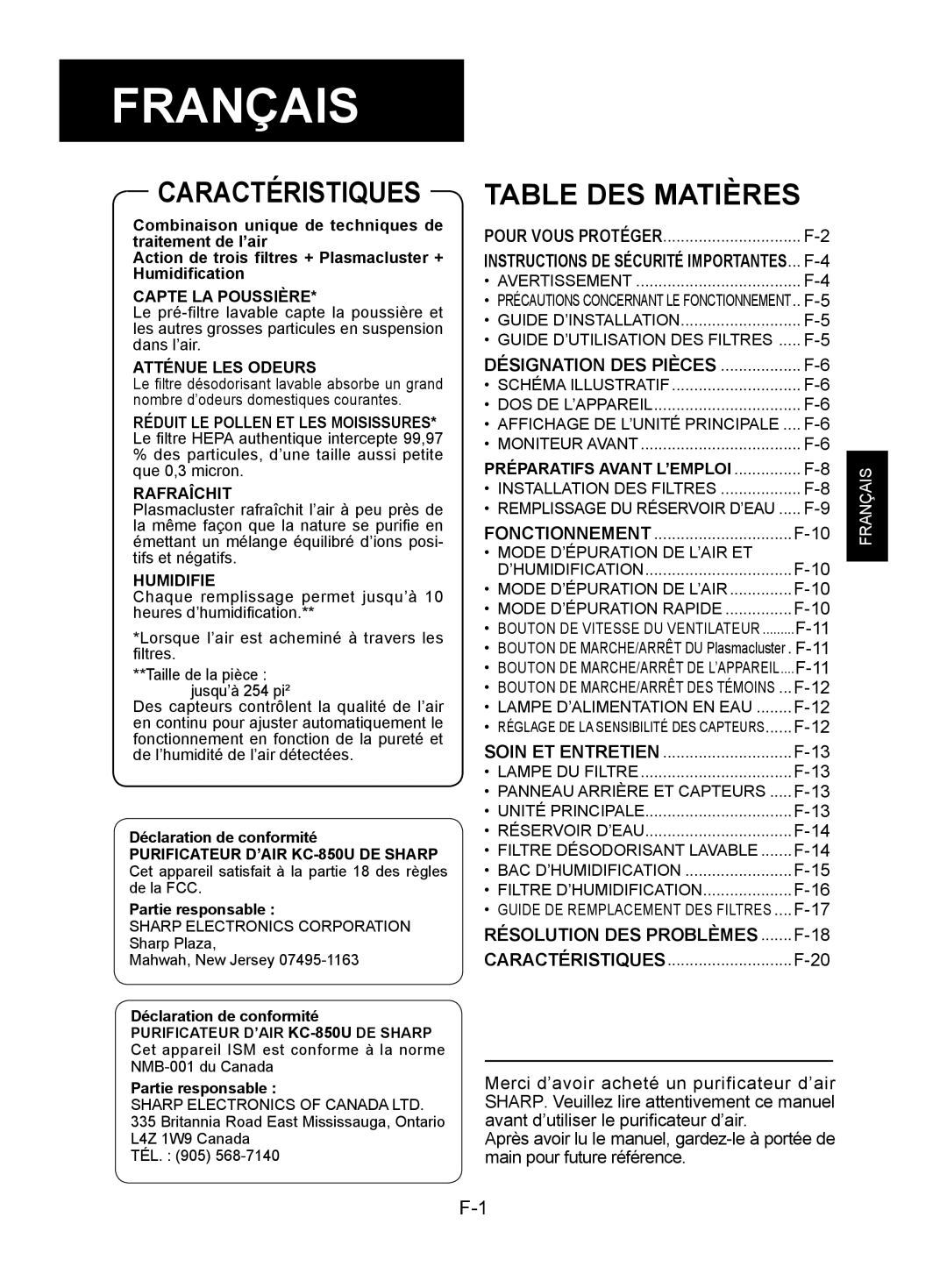 Sharp KC-850U operation manual Français, Caractéristiques, Table Des Matières 