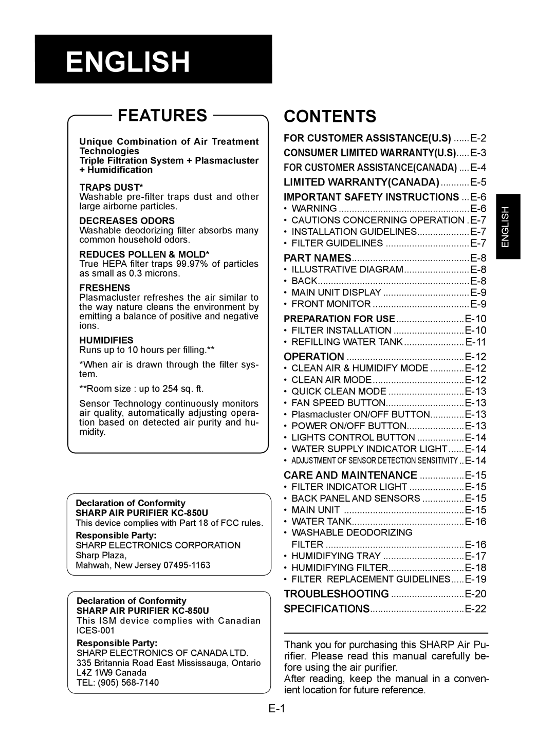 Sharp KC-850U operation manual English, Features, Contents 
