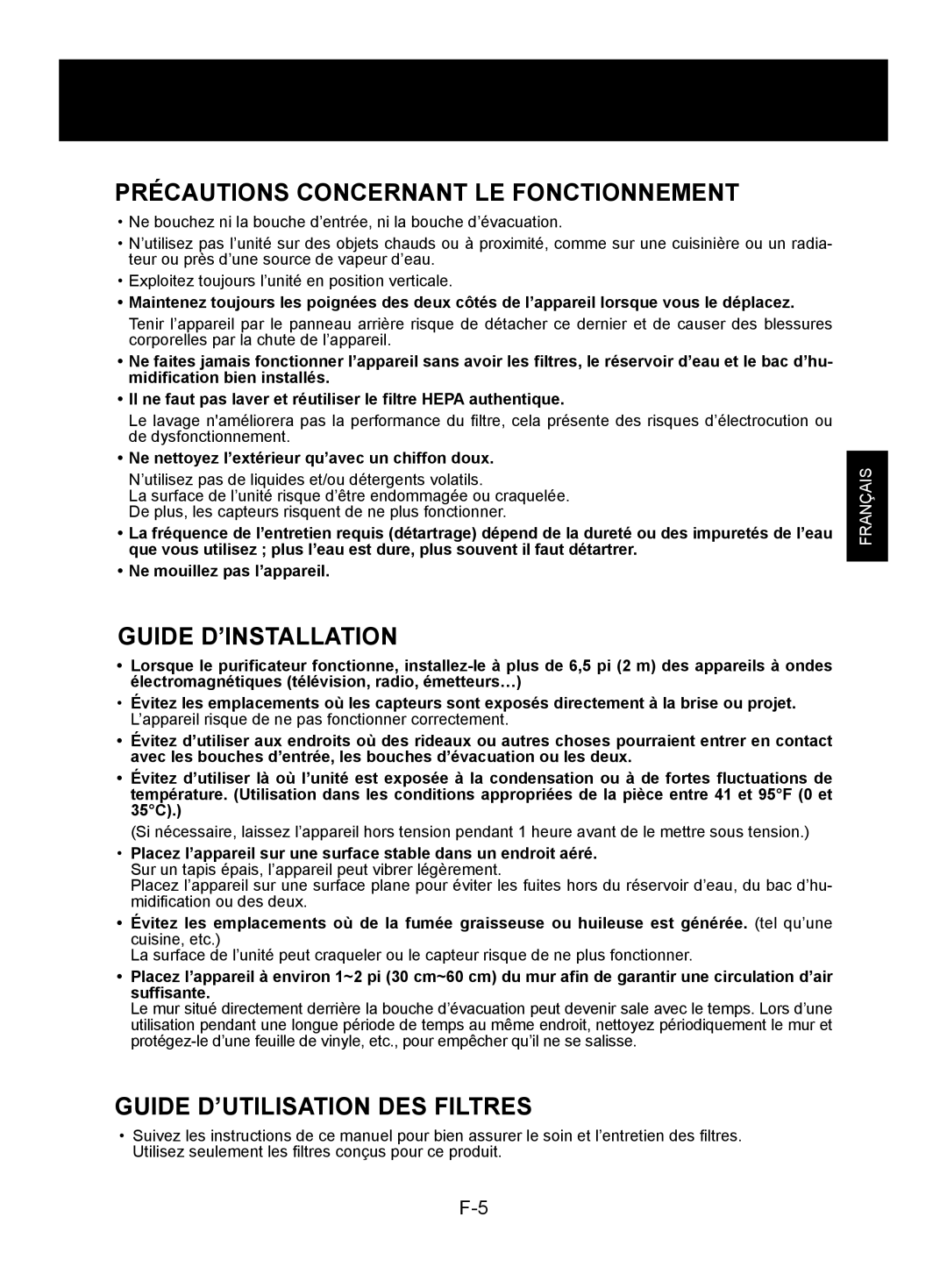 Sharp KC-850U Précautions Concernant Le Fonctionnement, Guide D’Installation, Guide D’Utilisation Des Filtres, Français 