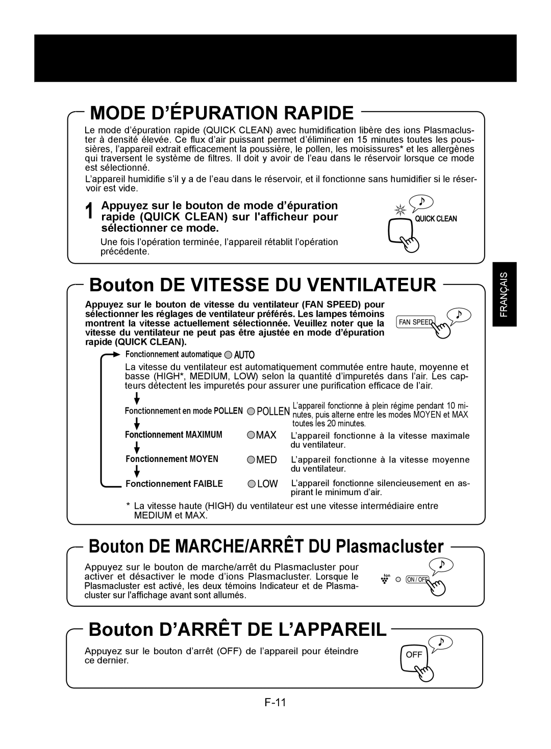 Sharp KC-850U Mode D’Épuration Rapide, Bouton DE VITESSE DU VENTILATEUR, Bouton D’ARRÊT DE L’APPAREIL, F-, Français 