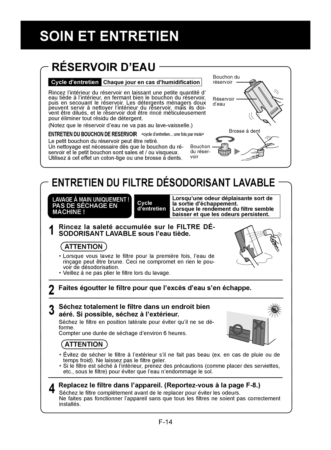 Sharp KC-850U operation manual Réservoir D’Eau, Soin Et Entretien, Entretien Du Filtre Désodorisant Lavable 