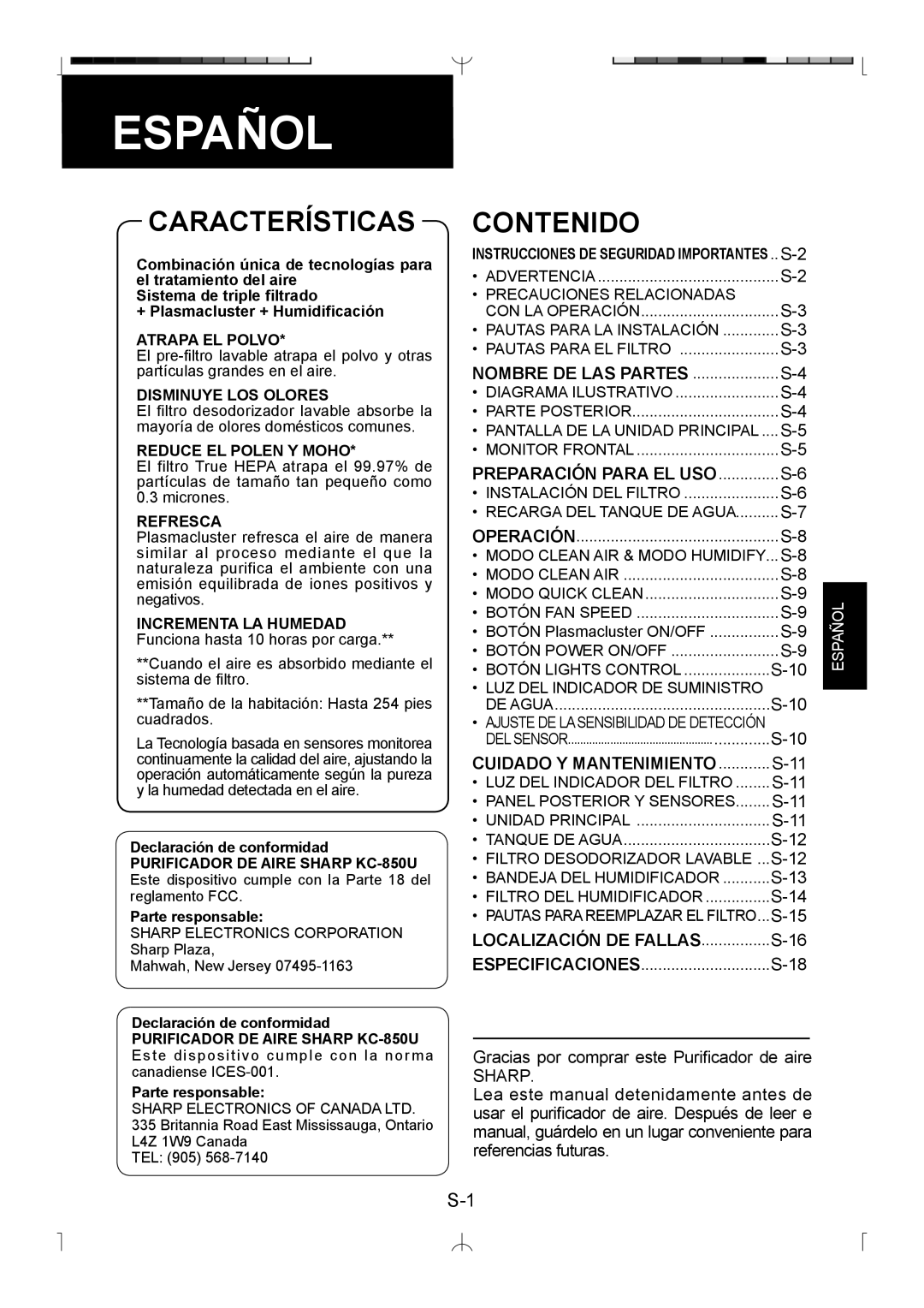 Sharp KC-850U operation manual Español, Características, Contenido 