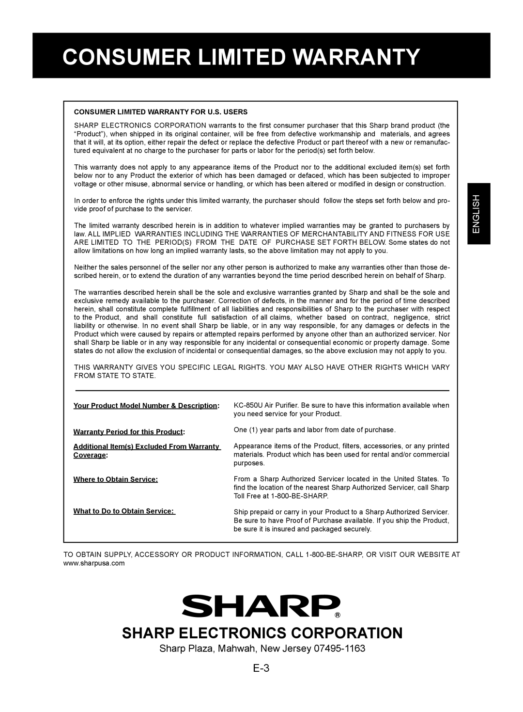 Sharp KC-850U operation manual Sharp Electronics Corporation, English, Consumer Limited Warranty For U.S. Users 