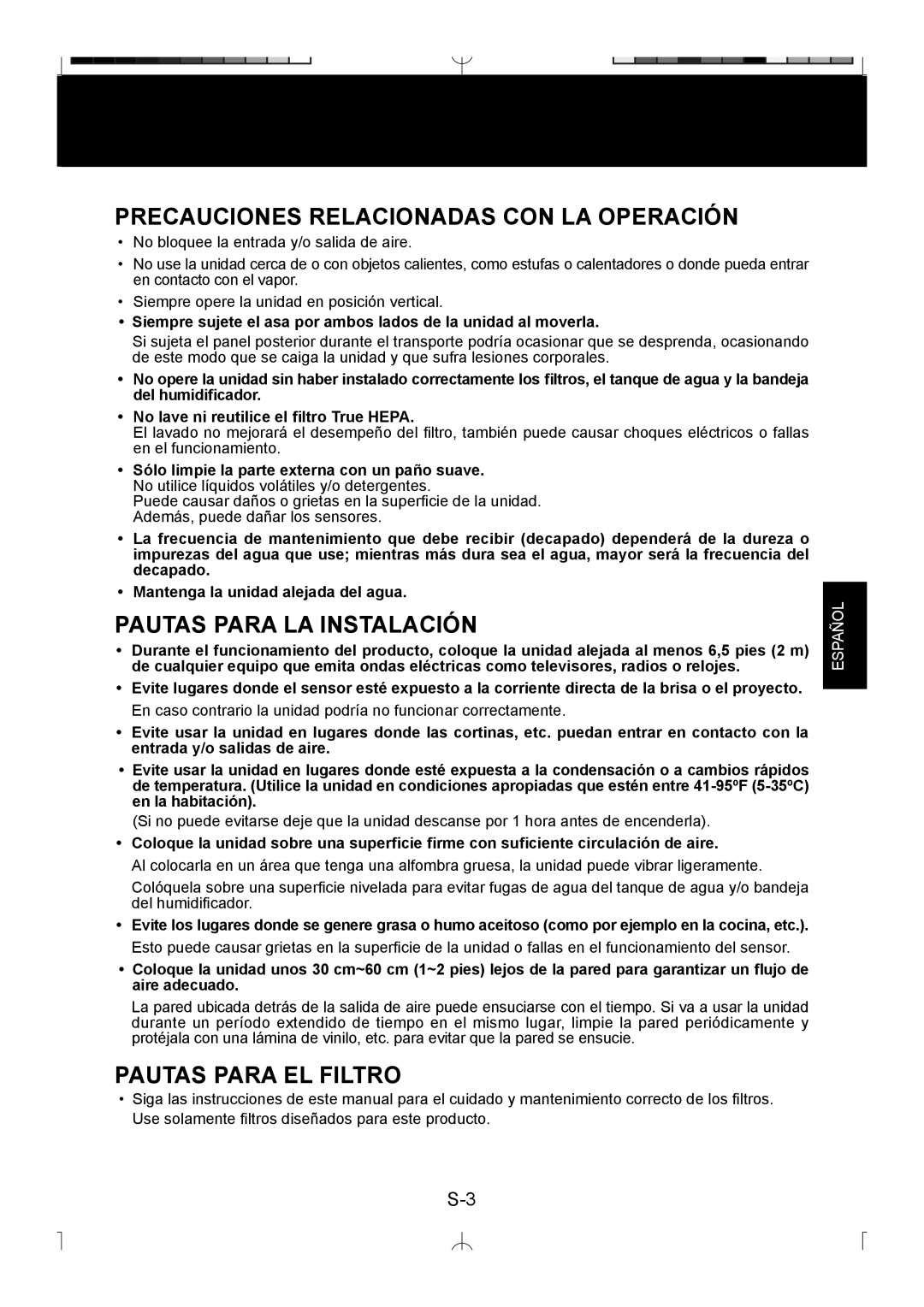 Sharp KC-850U Precauciones Relacionadas Con La Operación, Pautas Para La Instalación, Pautas Para El Filtro, Español 