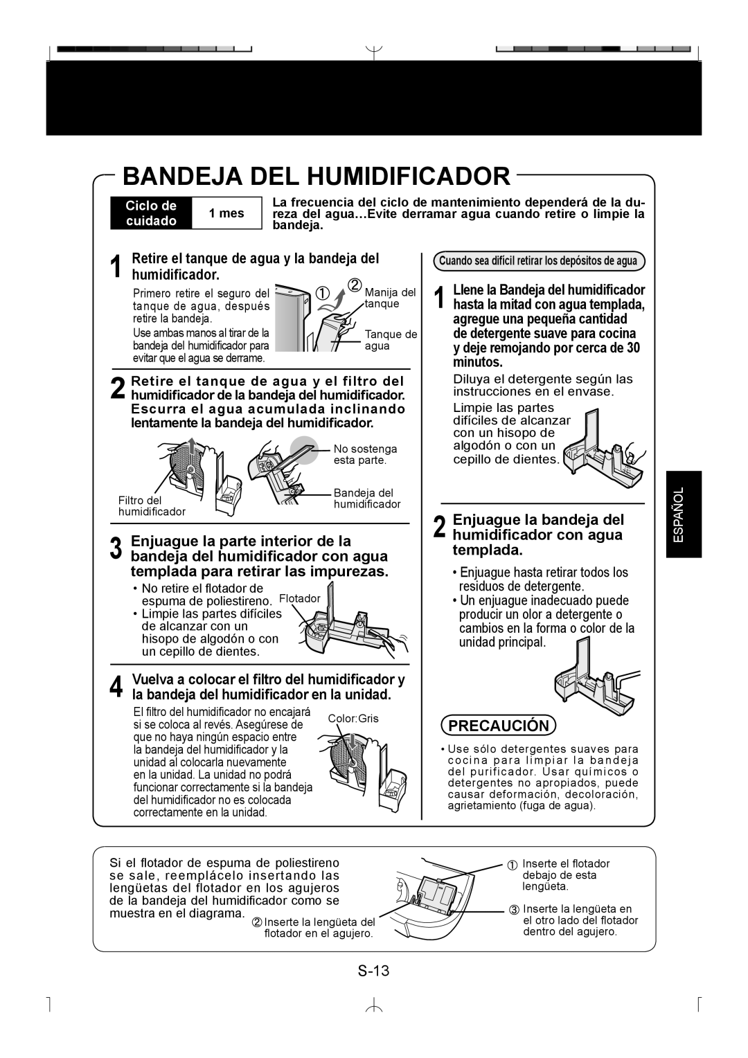 Sharp KC-850U operation manual Bandeja Del Humidificador, Precaución 
