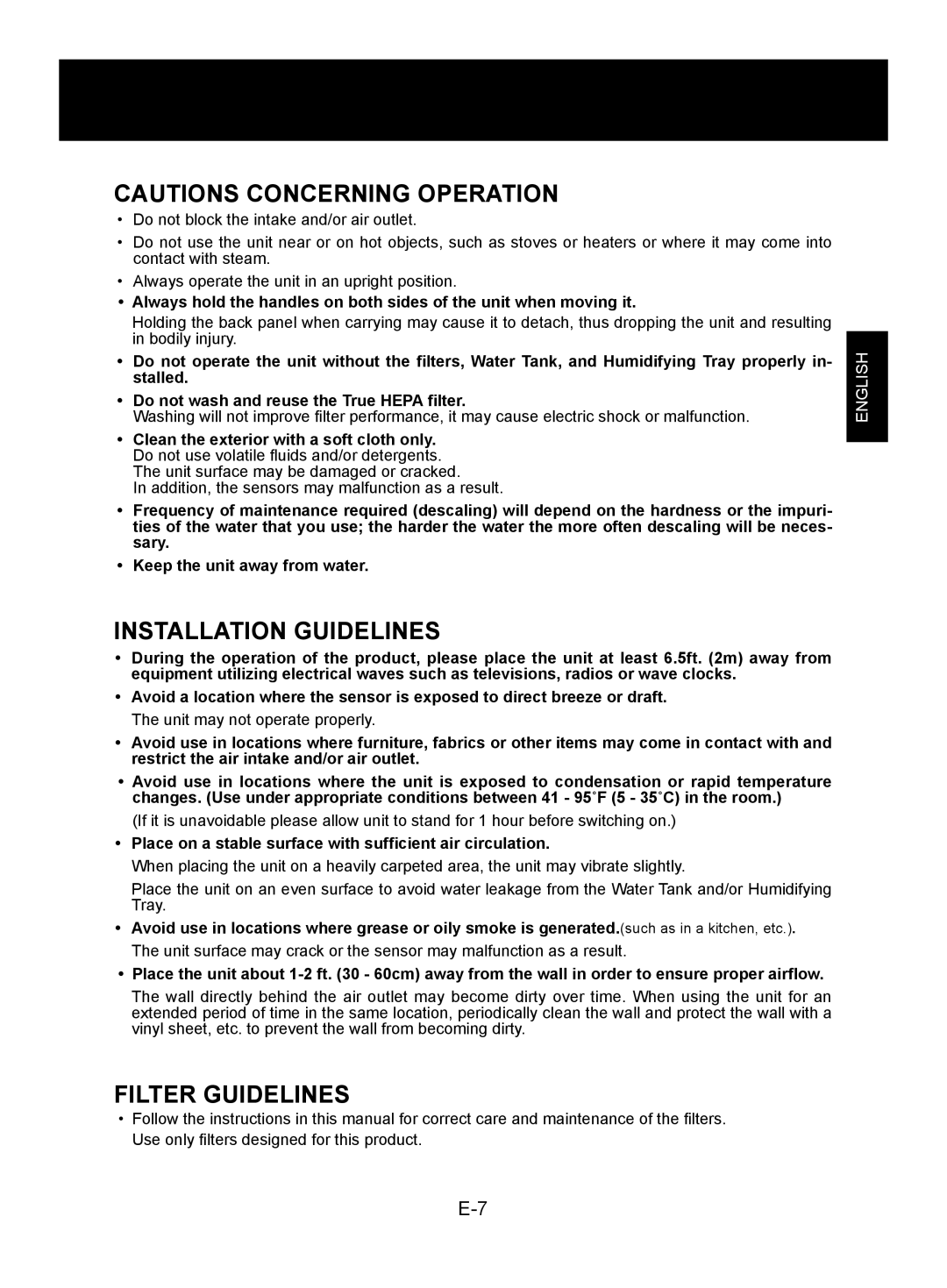 Sharp KC-850U operation manual Cautions Concerning Operation, Installation Guidelines, Filter Guidelines, English 