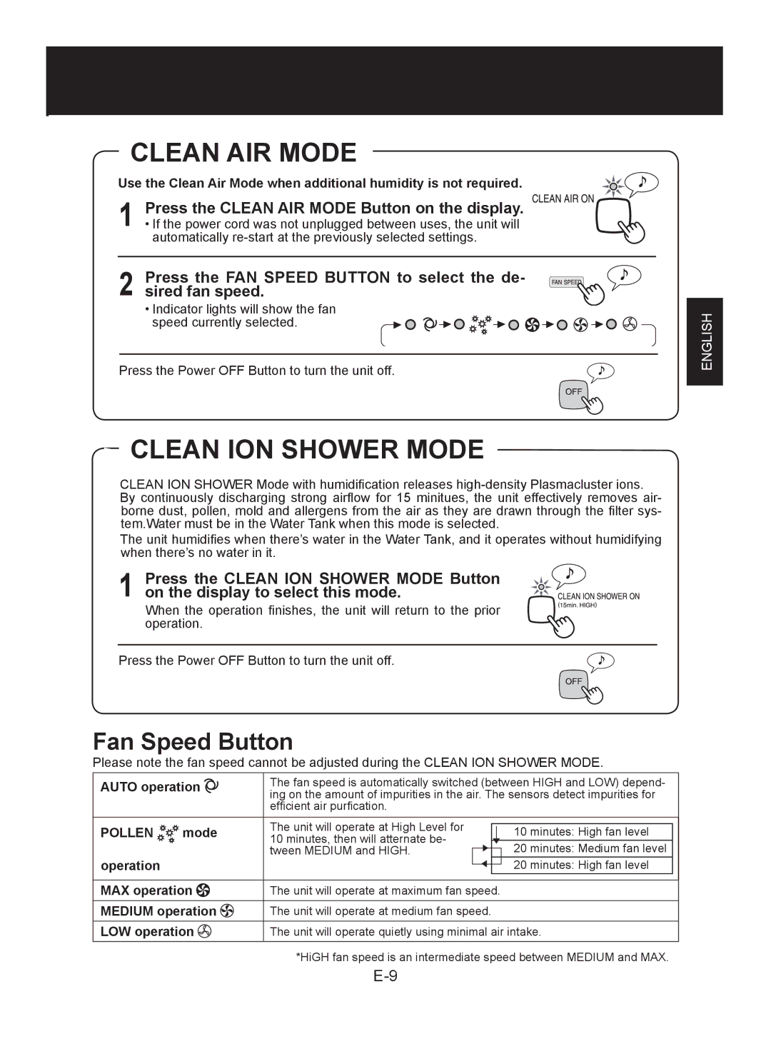 Sharp KC-850EK, KC-860EK operation manual Clean ION Shower Mode, Press the Clean AIR Mode Button on the display 