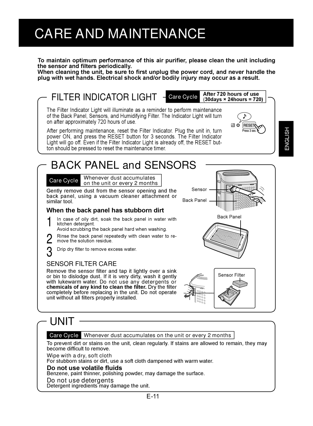 Sharp KC-850EK, KC-860EK Unit, When the back panel has stubborn dirt, Do not use volatile fluids, Do not use detergents 