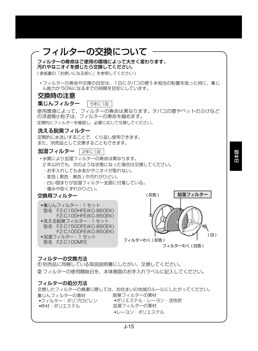 Sharp KC-850EK, KC-860EK operation manual フィルターの交換について, 集じんフィルター 5年に1回, 洗える脱臭フィルター, 加湿フィルター 2年に1回 