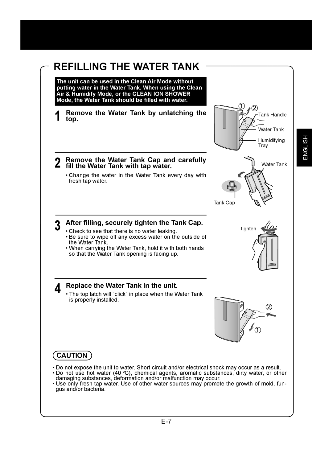 Sharp KC-850EK, KC-860EK operation manual After filling, securely tighten the Tank Cap, Replace the Water Tank in the unit 