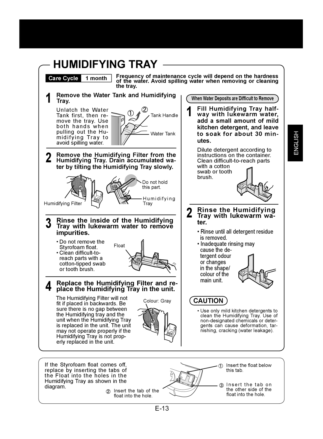 Sharp KC-850EK Humidifying Tray, Rinse the Humidifying, Rinse the inside of the Humidifying, Tray with lukewarm wa, E-13 