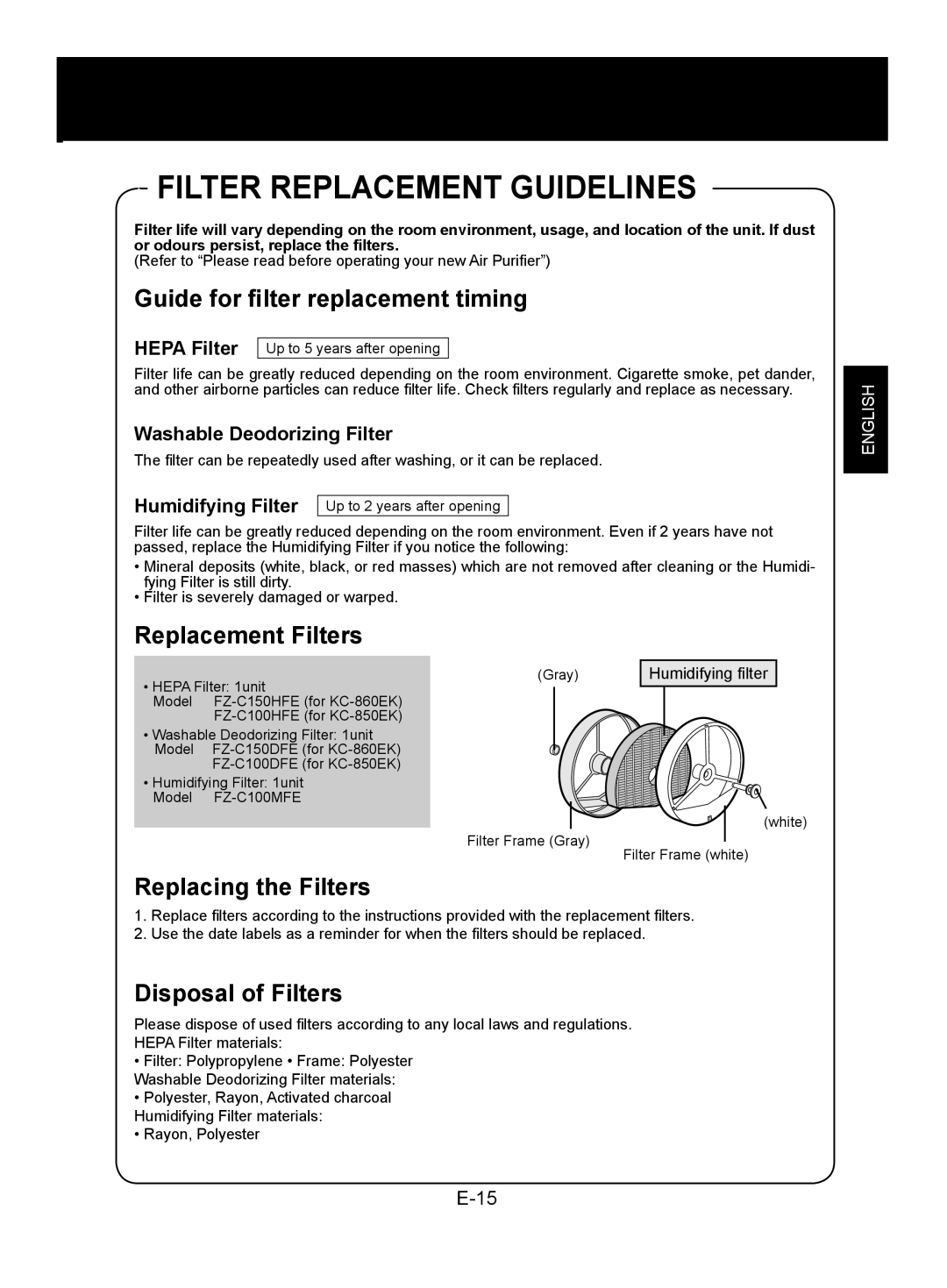 Sharp KC-850EK Filter Replacement Guidelines, Guide for filter replacement timing, Replacement Filters, E-15, English 
