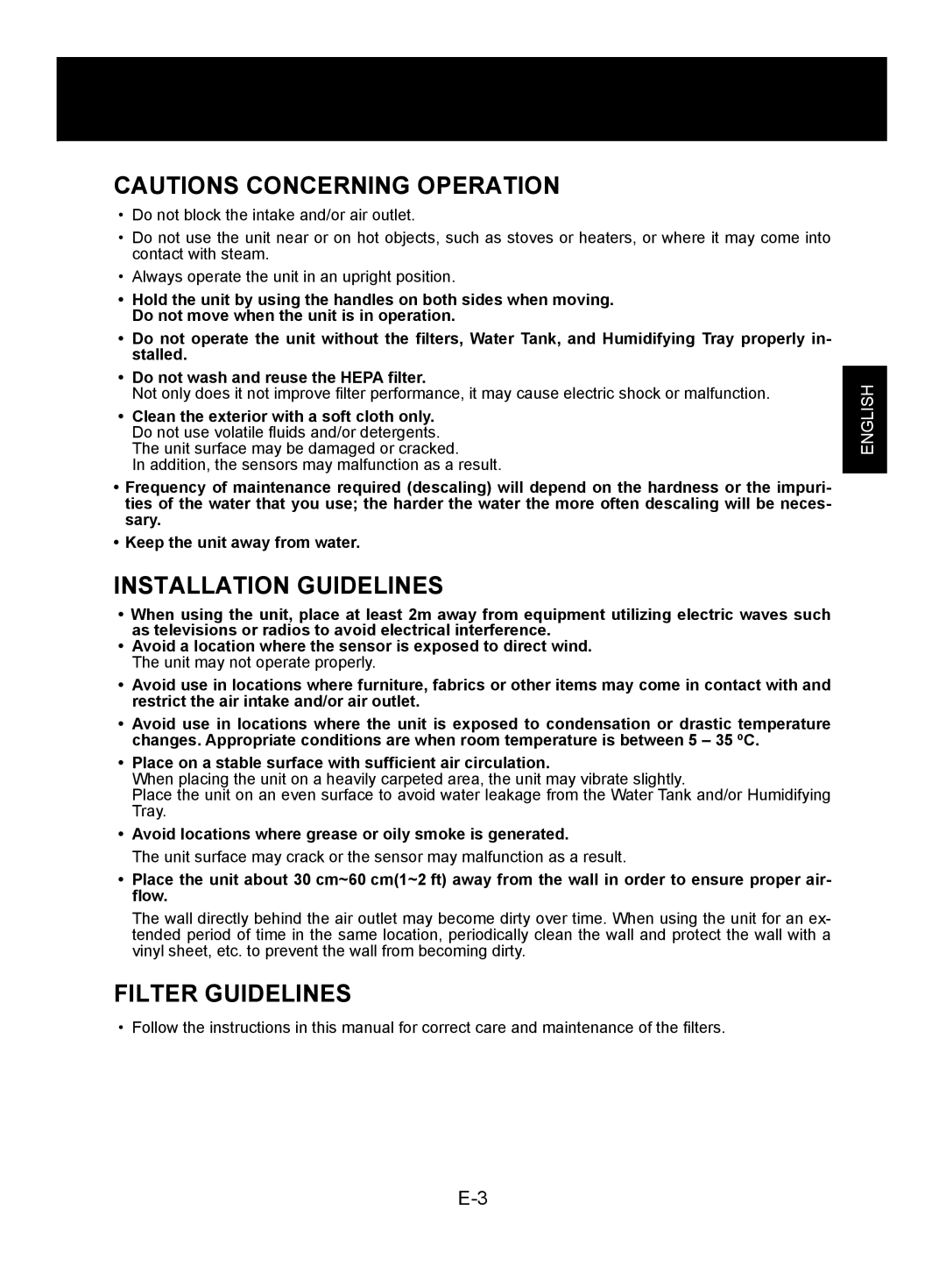 Sharp KC-850EK, KC-860EK operation manual Cautions Concerning Operation, Installation Guidelines, Filter Guidelines, English 