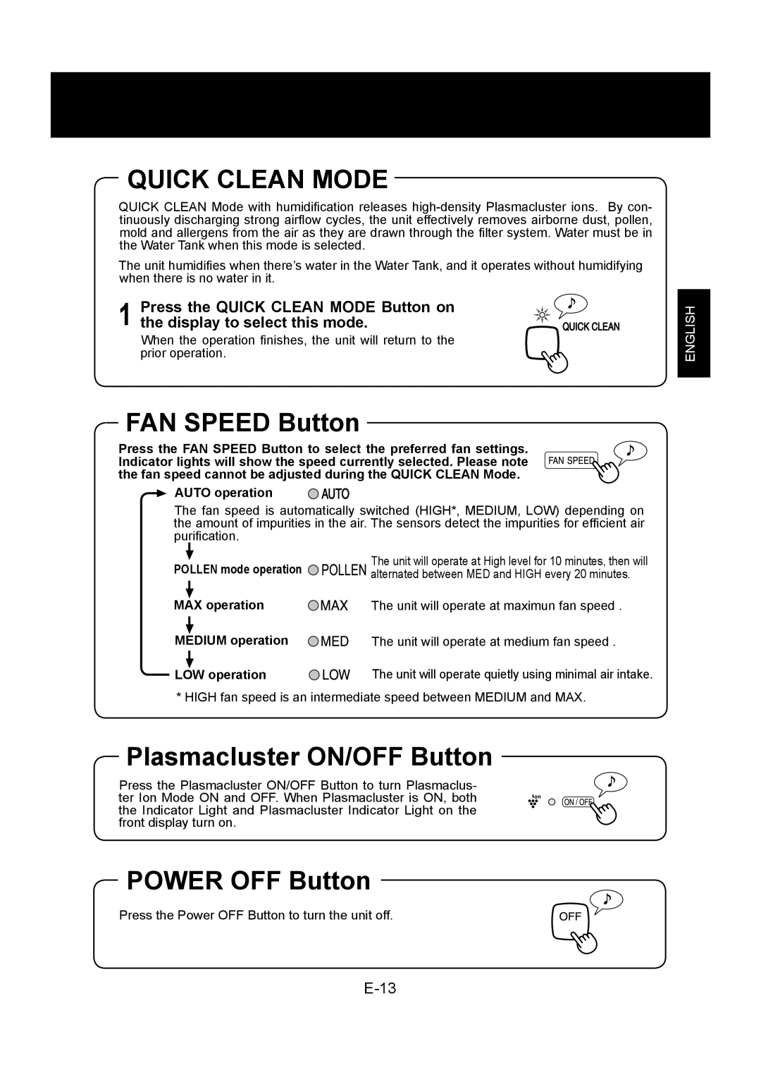 Sharp KC-860U operation manual Quick Clean Mode, MAX operation Medium operation LOW operation, Pollen mode operation 