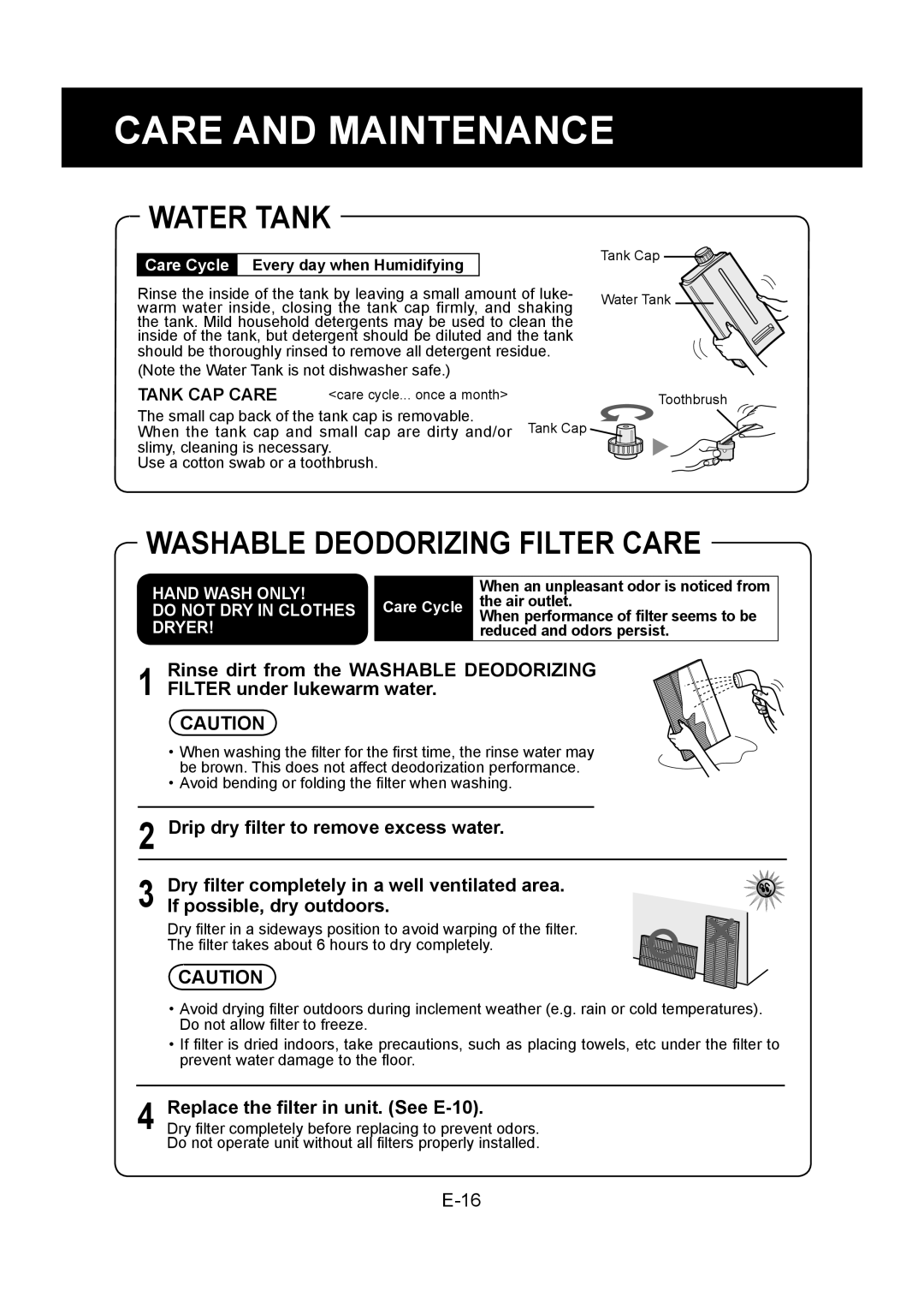 Sharp KC-860U operation manual Water Tank, Washable Deodorizing Filter Care, Replace the ﬁlter in unit. See E-10 