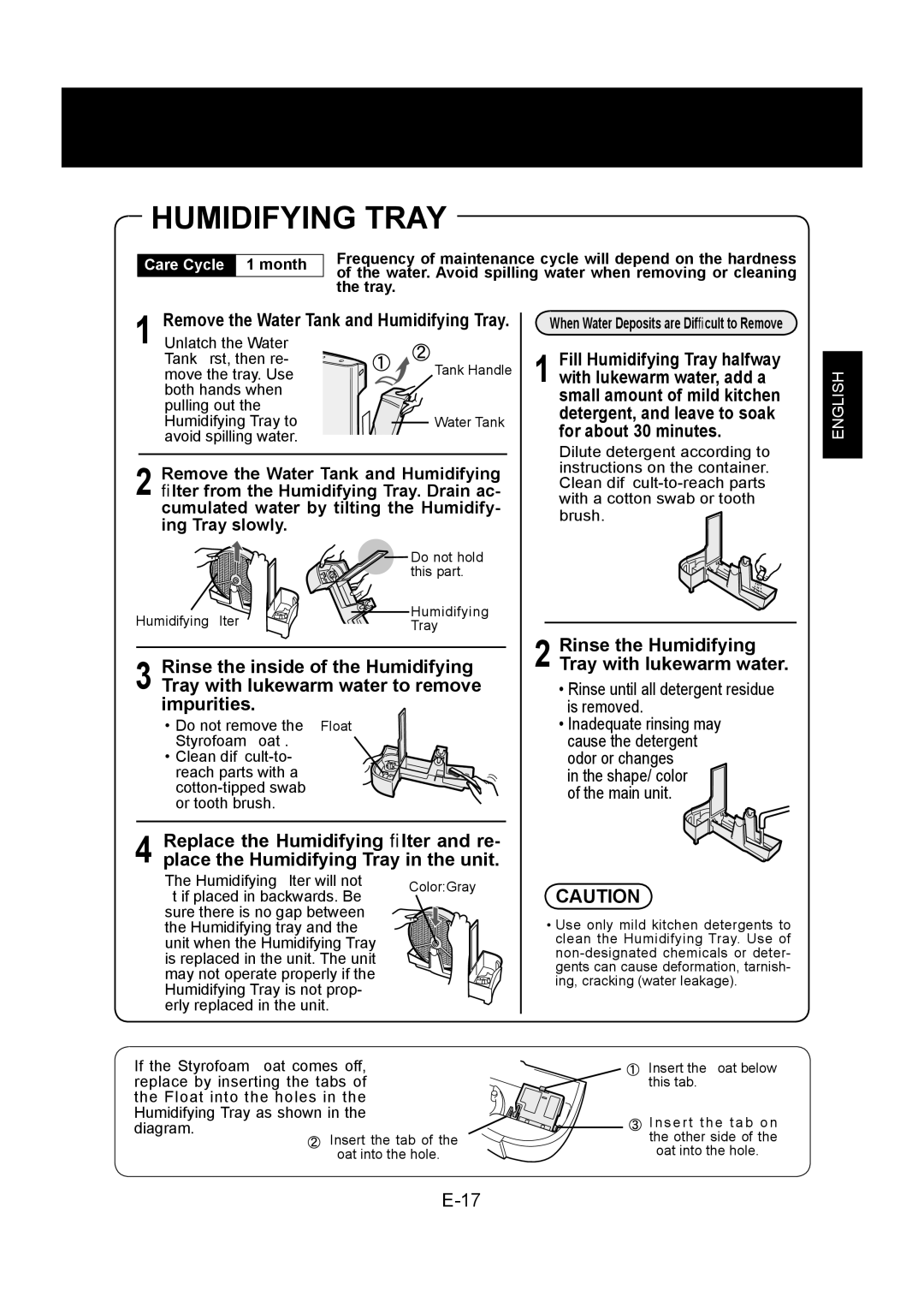 Sharp KC-860U operation manual Rinse the Humidifying Tray with lukewarm water 