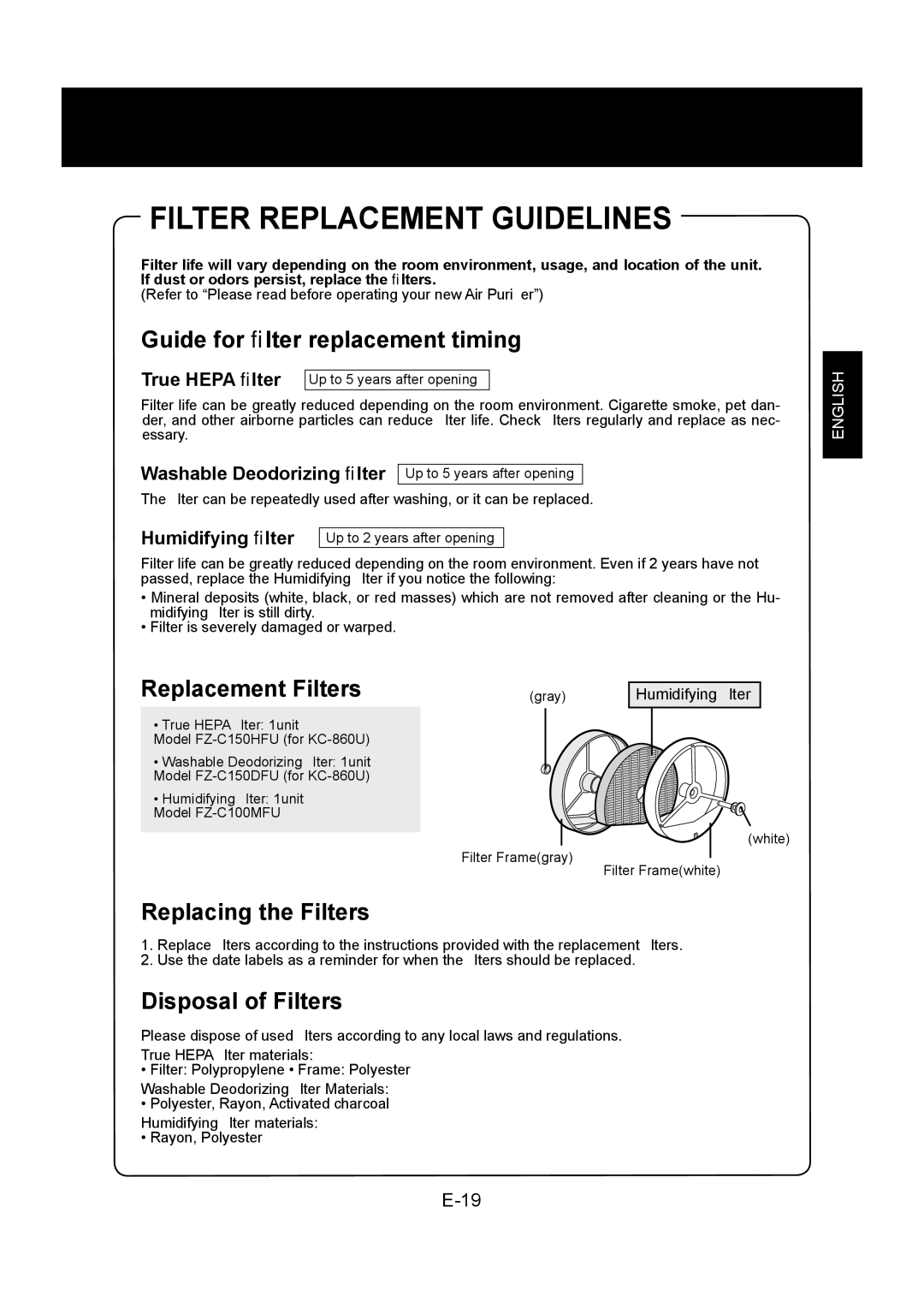 Sharp KC-860U Filter Replacement Guidelines, Washable Deodorizing ﬁlter Up to 5 years after opening, Humidifying ﬁlter 