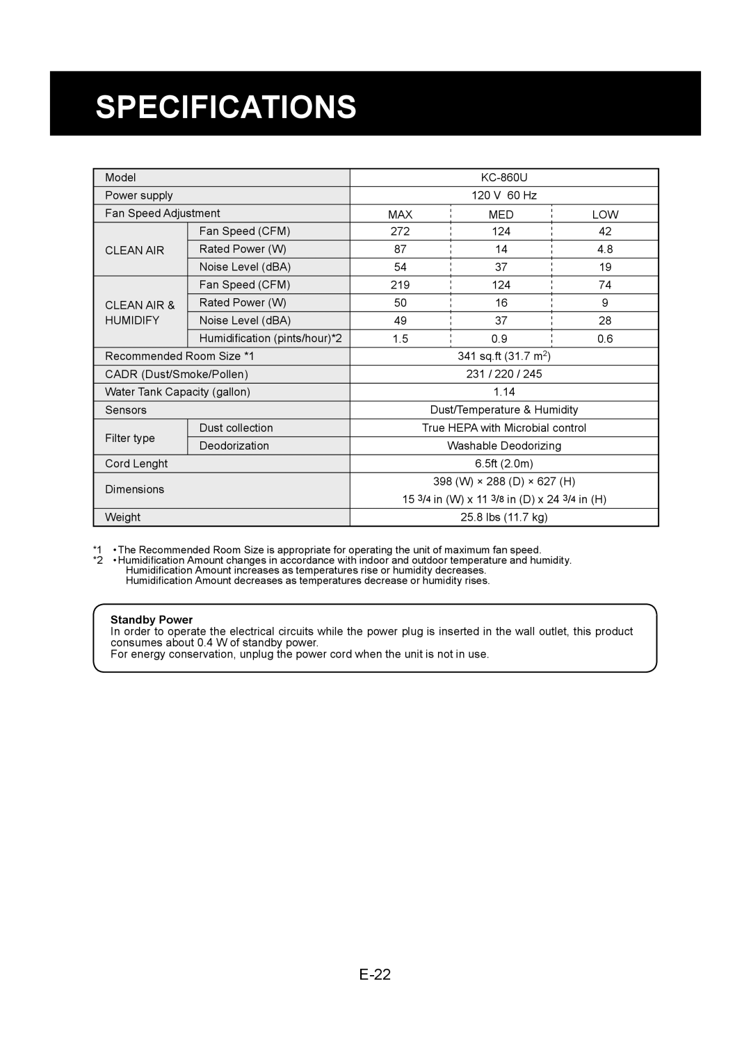 Sharp KC-860U operation manual Specifications, Standby Power 