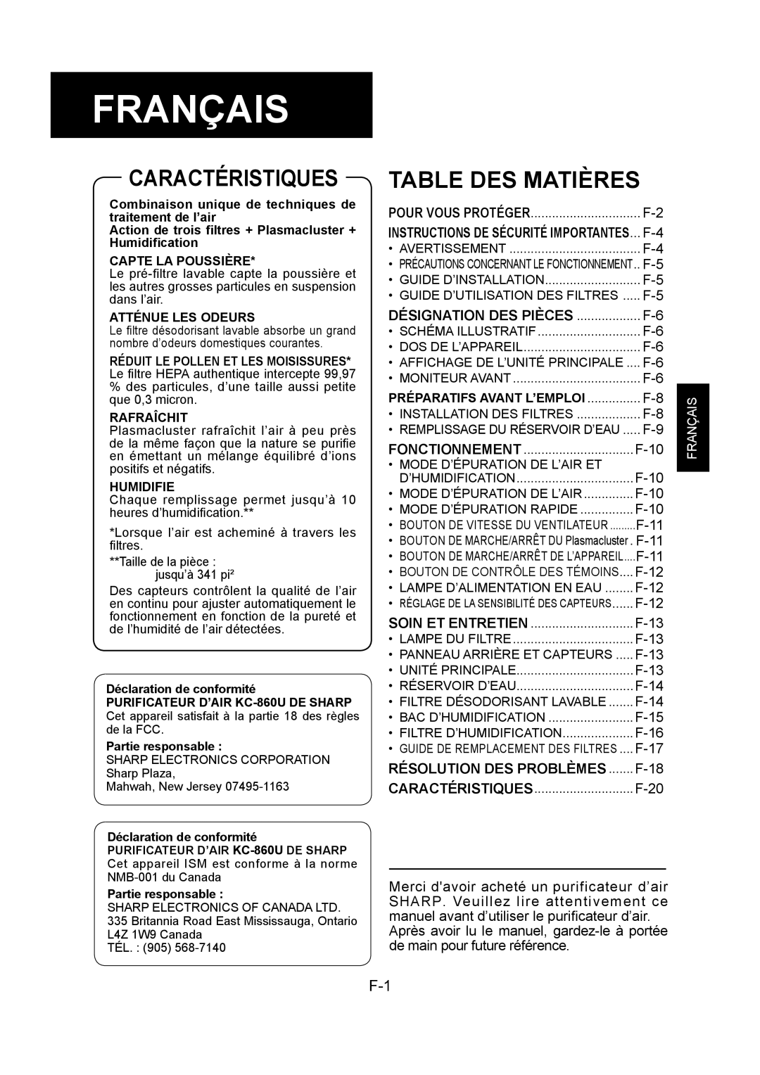 Sharp KC-860U operation manual Capte LA Poussière, Atténue LES Odeurs, Rafraîchit, Humidifie 