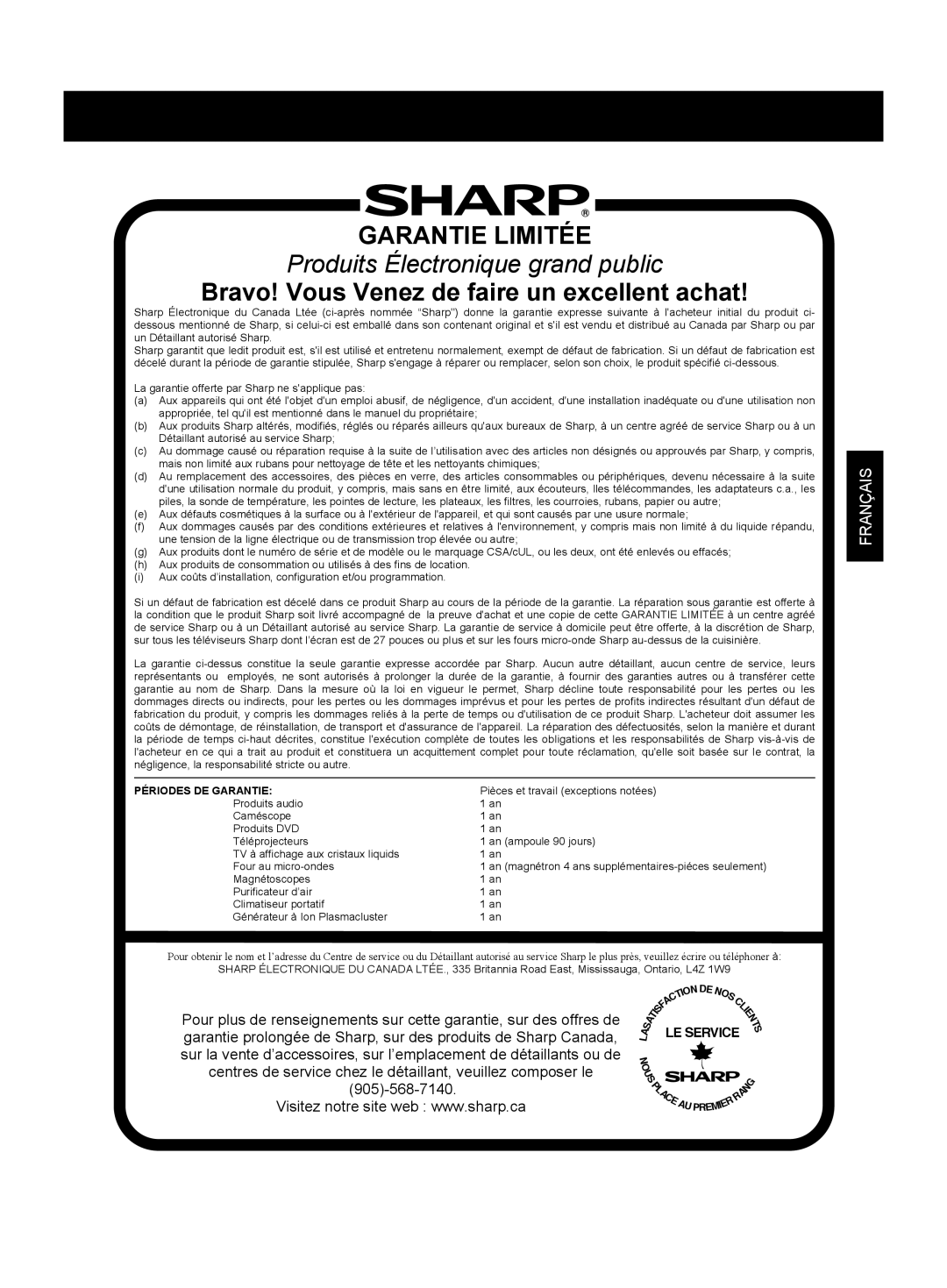 Sharp KC-860U operation manual Garantie Limitée 