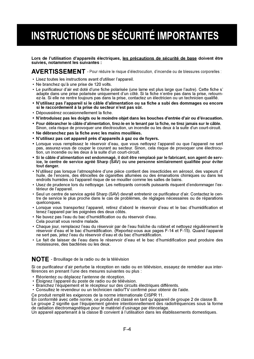 Sharp KC-860U operation manual Instructions DE Sécurité Importantes 