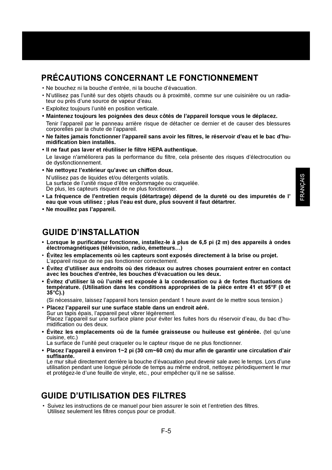 Sharp KC-860U Précautions Concernant LE Fonctionnement, Guide D’INSTALLATION, Guide D’UTILISATION DES Filtres 