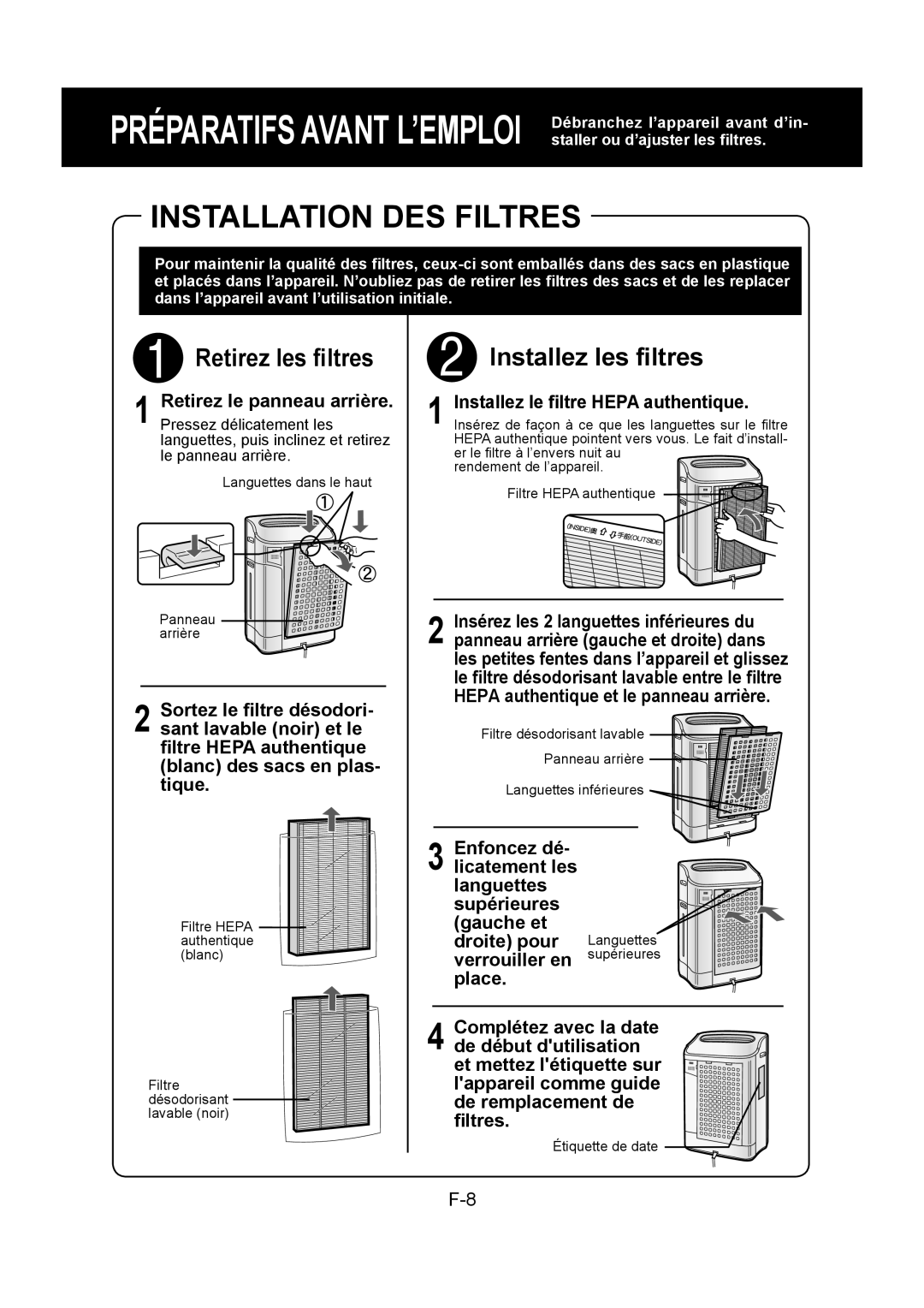 Sharp KC-860U operation manual Installation DES Filtres, Installez le ﬁltre Hepa authentique 