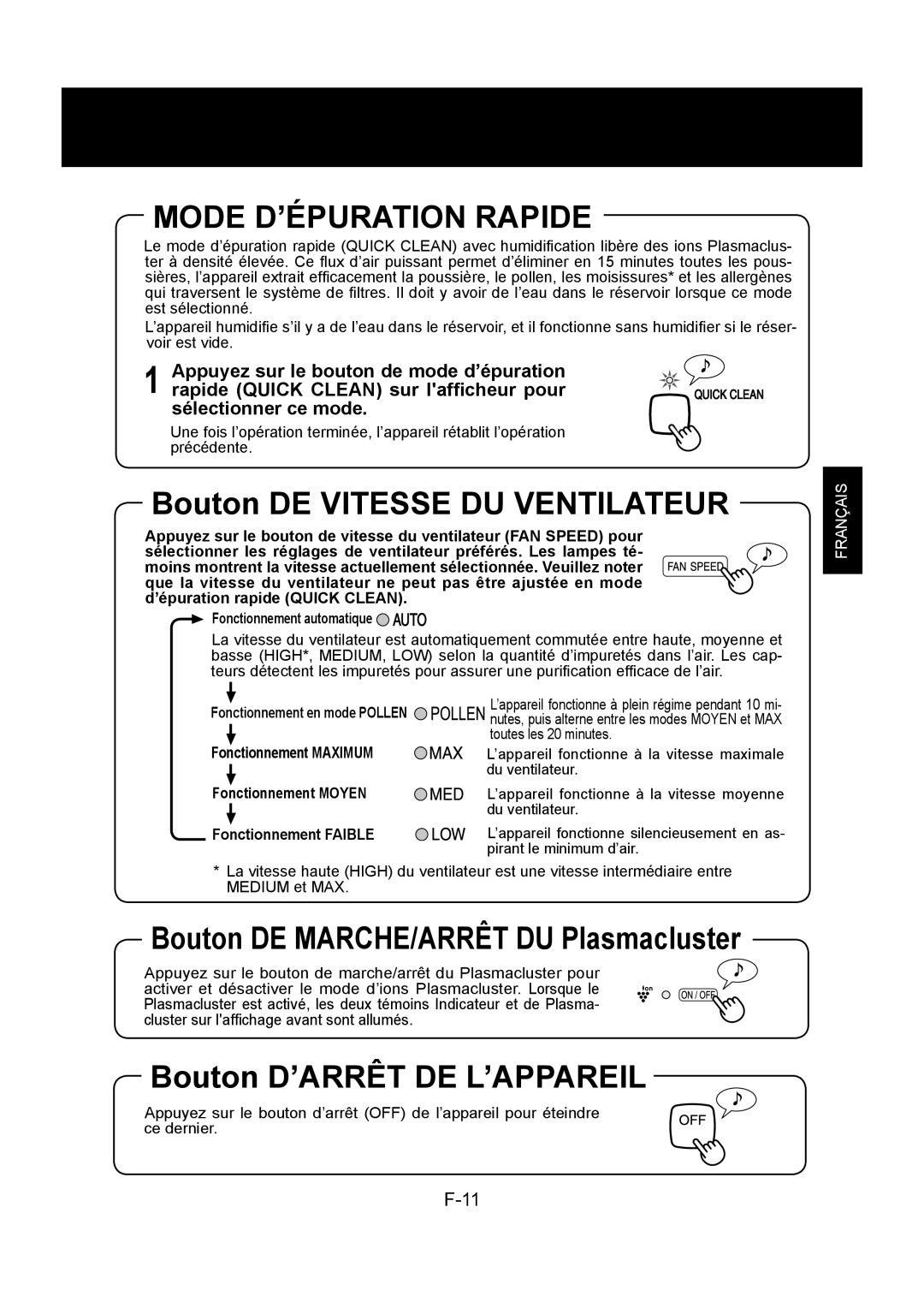 Sharp KC-860U Mode D’ÉPURATION Rapide, Fonctionnement en mode Pollen, Fonctionnement Maximum, Fonctionnement Moyen 