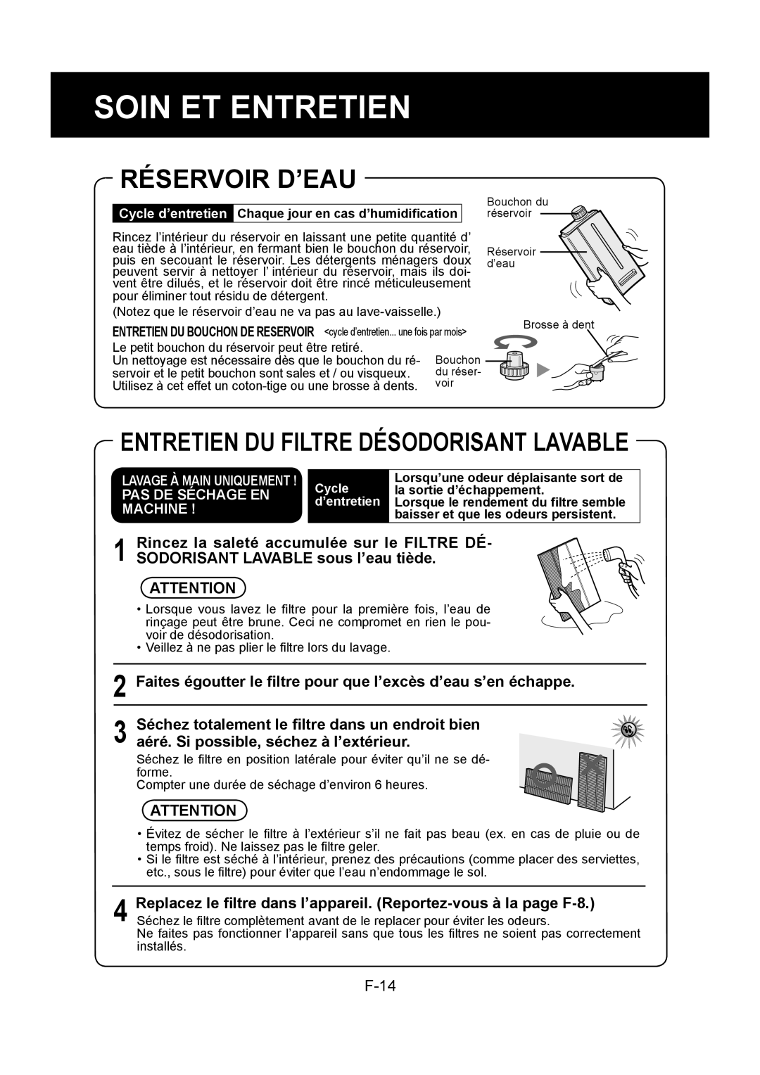 Sharp KC-860U operation manual Réservoir D’EAU, Cycle d’entretien Chaque jour en cas d’humidiﬁcation 