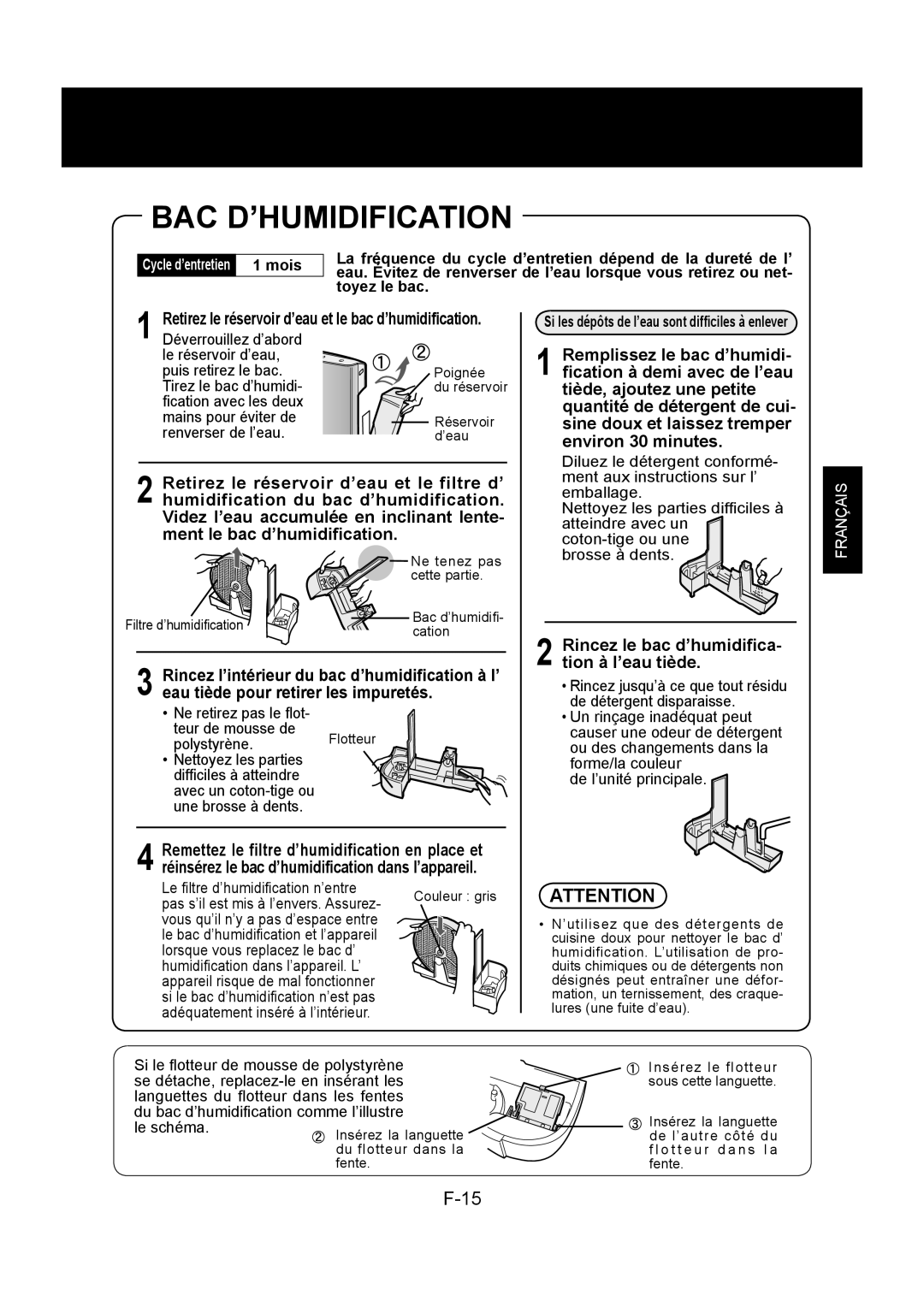 Sharp KC-860U Bac D’Humidification, La fréquence du cycle d’entretien dépend de la dureté de l’, Mois, Toyez le bac 