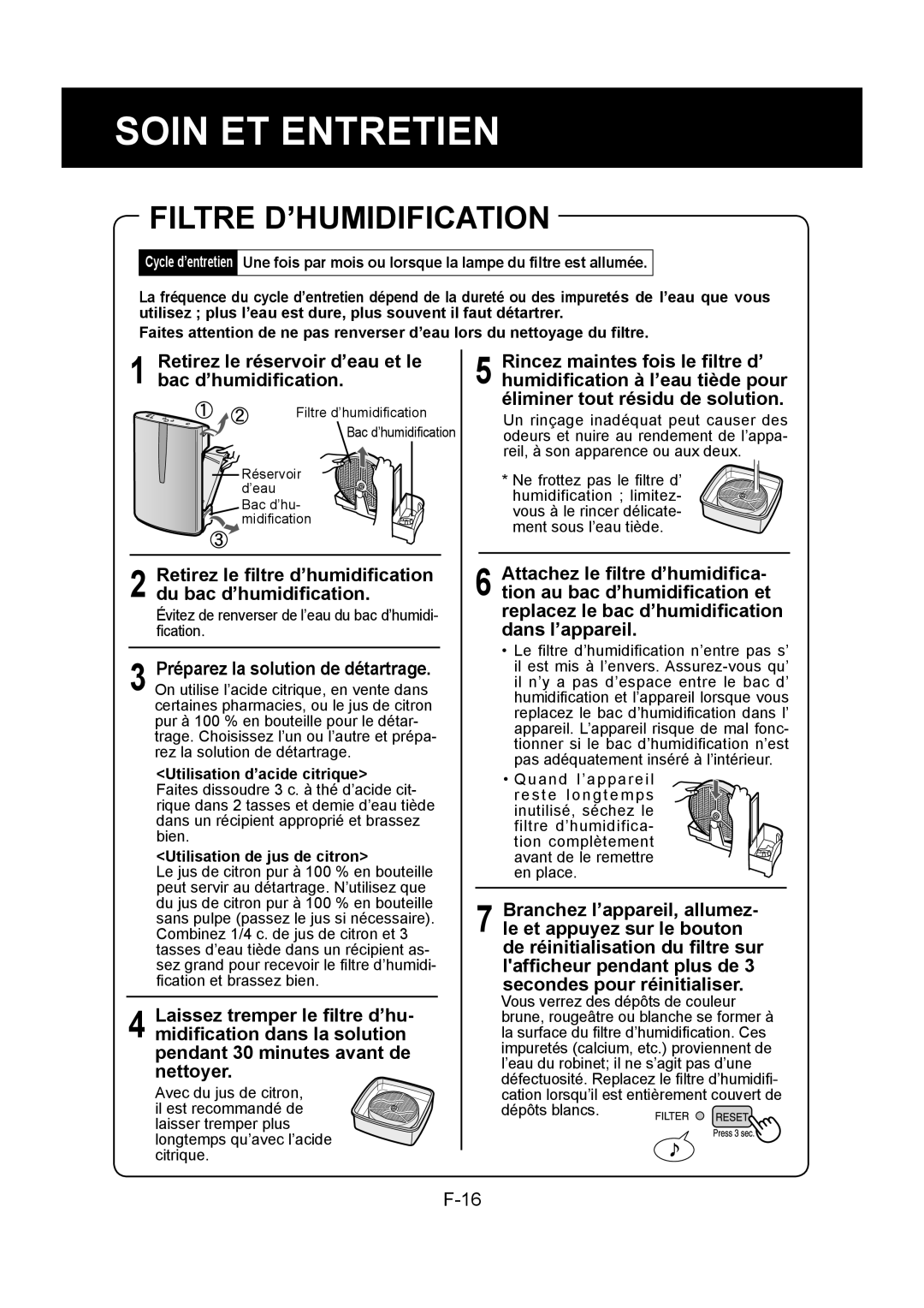 Sharp KC-860U operation manual Filtre D’HUMIDIFICATION, Retirez le réservoir d’eau et le bac d’humidiﬁcation 