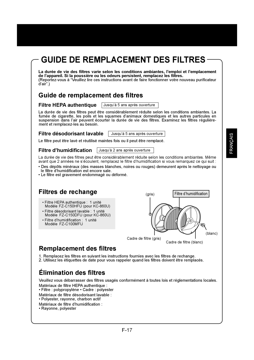 Sharp KC-860U operation manual Guide DE Remplacement DES Filtres, Guide de remplacement des ﬁltres 