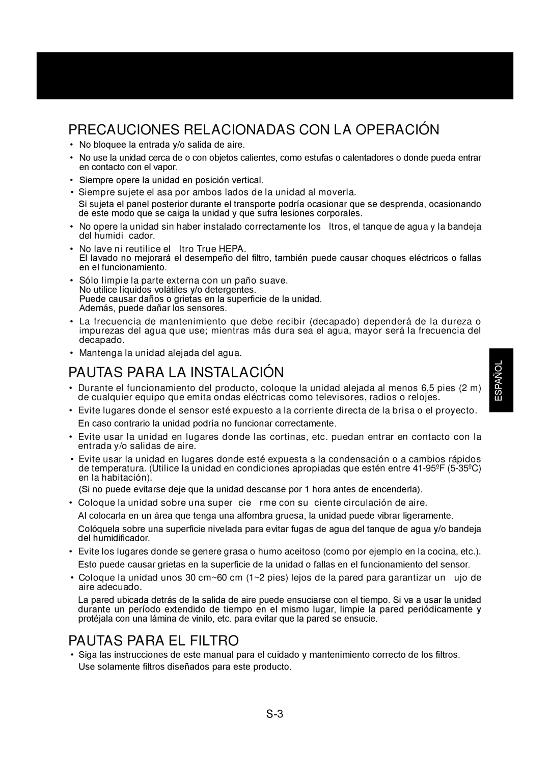 Sharp KC-860U Precauciones Relacionadas CON LA Operación, Pautas Para LA Instalación, Pautas Para EL Filtro 