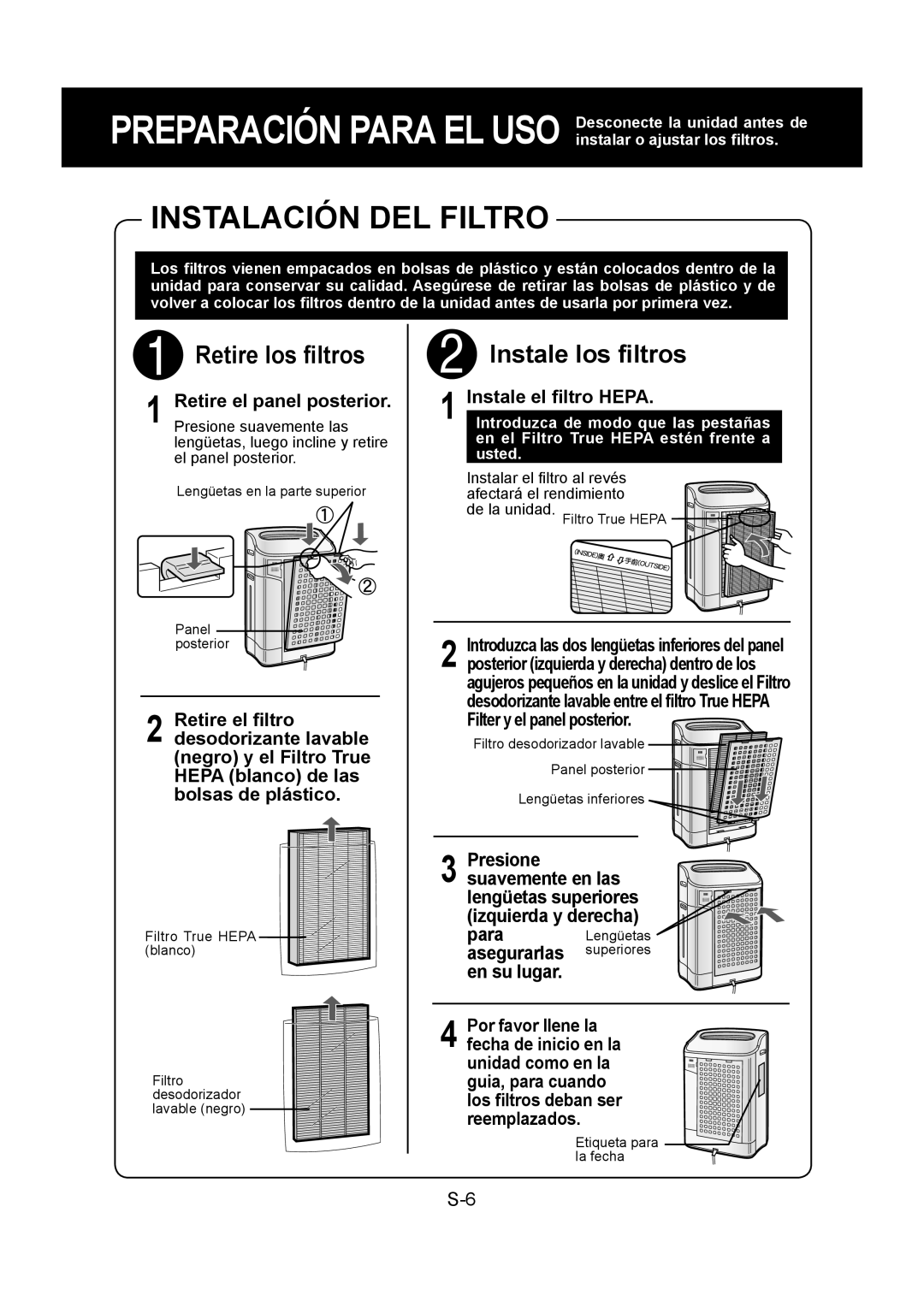 Sharp KC-860U operation manual Instalación DEL Filtro, Instale el ﬁltro Hepa, Asegurarlas superiores en su lugar 