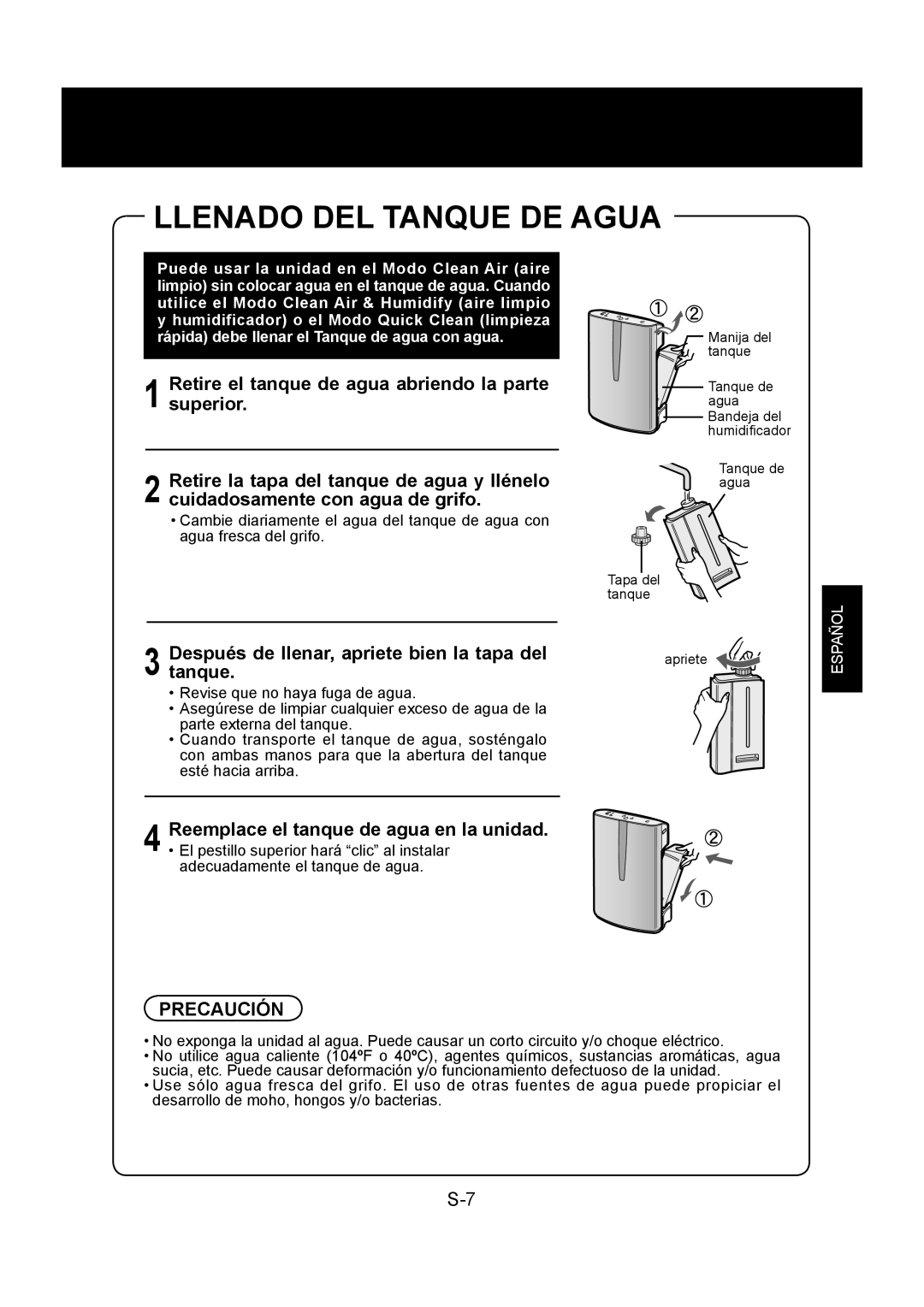 Sharp KC-860U operation manual Llenado DEL Tanque DE Agua, Después de llenar, apriete bien la tapa del 