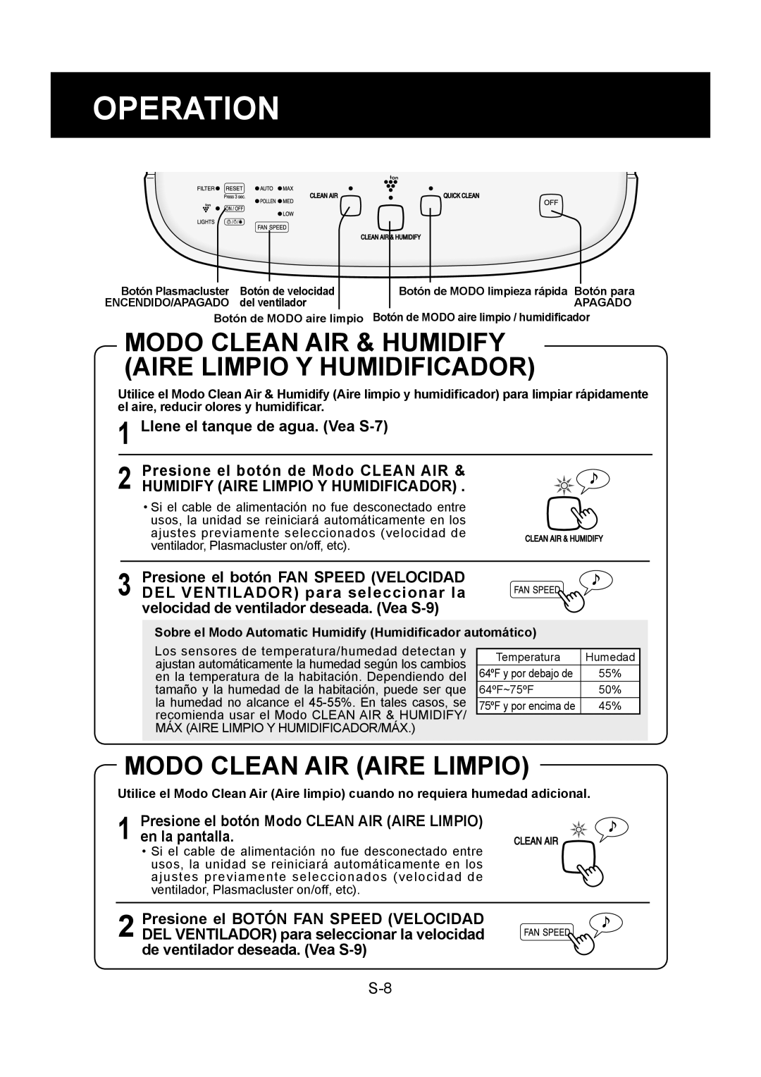 Sharp KC-860U operation manual Presione el botón Modo Clean AIR Aire Limpio en la pantalla 