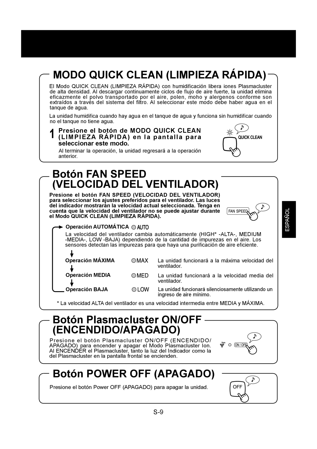 Sharp KC-860U operation manual Modo Quick Clean Limpieza Rápida, Operación Máxima, Operación Media, Operación Baja 