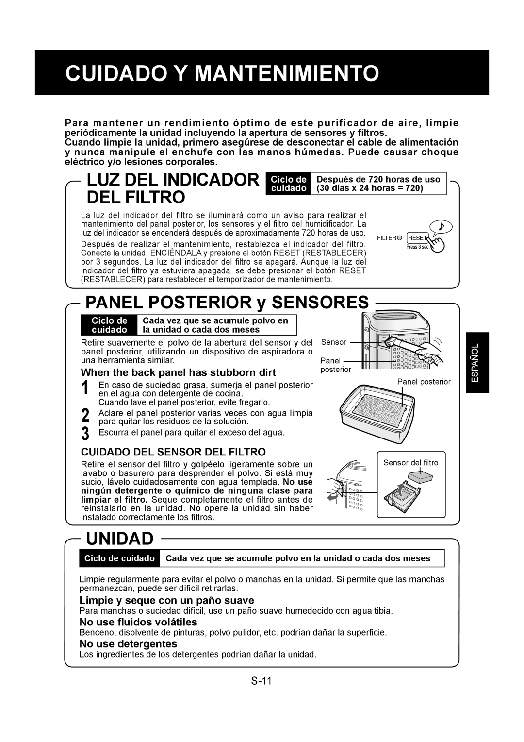 Sharp KC-860U operation manual Cuidado Y Mantenimiento, Unidad, Limpie y seque con un paño suave, No use ﬂuidos volátiles 